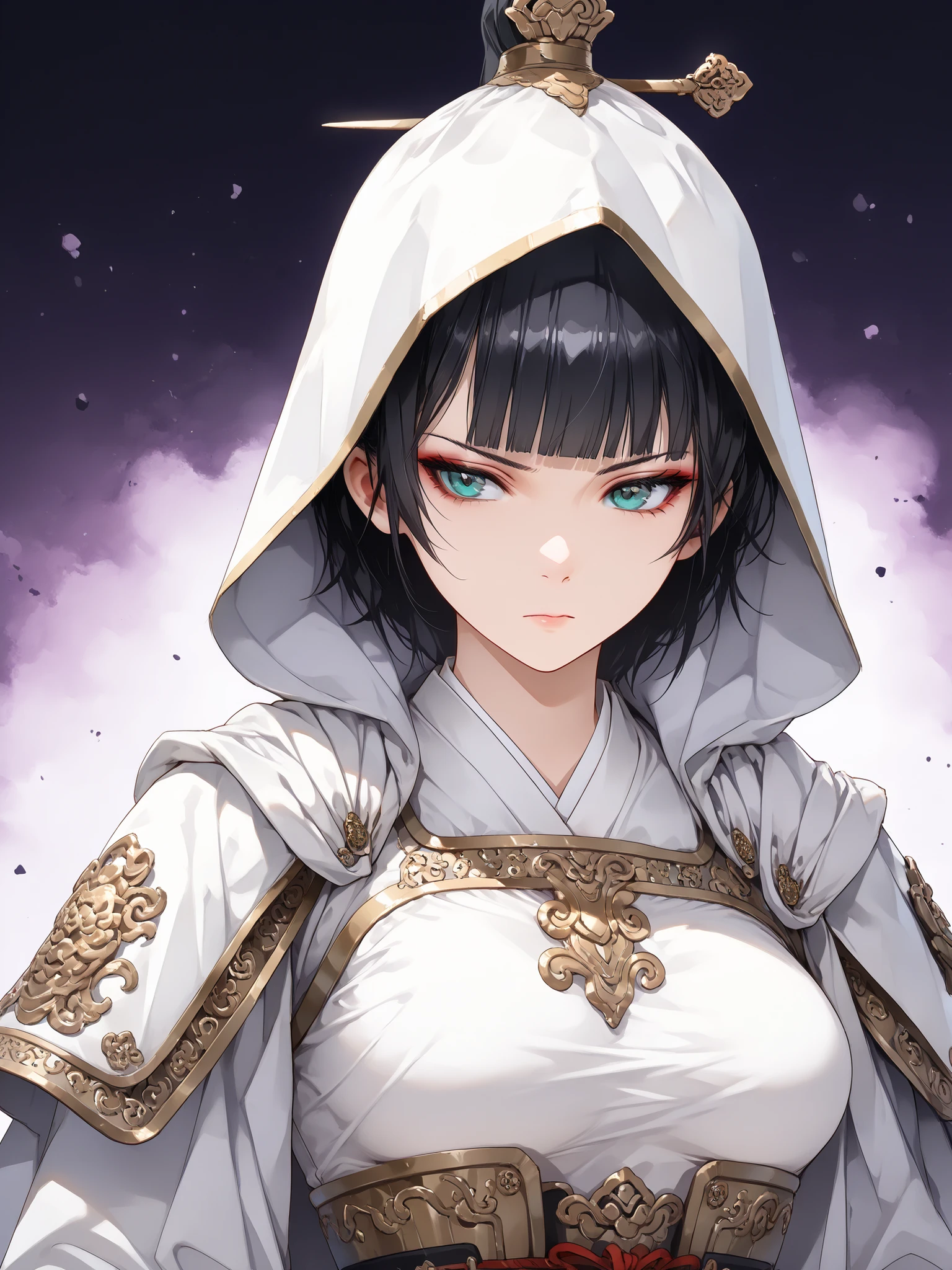 ((white clothing)), ((black hair)), ((blunt bangs)), ((medium breasts)), ((white hood over head)), ((serious expression)), ((chinese armor)), ((chinese warrior)), ((fair skin)), ((mature female)), ((midnight background)), 1girl, beautifully drawn, high resolution illustration, best quality, High definition, ((detailed anime sketch)), Masterpiece, (solo), absurdres, ((upper body)), ((short hair)), detailed background, fine detail, female focus, HDR,