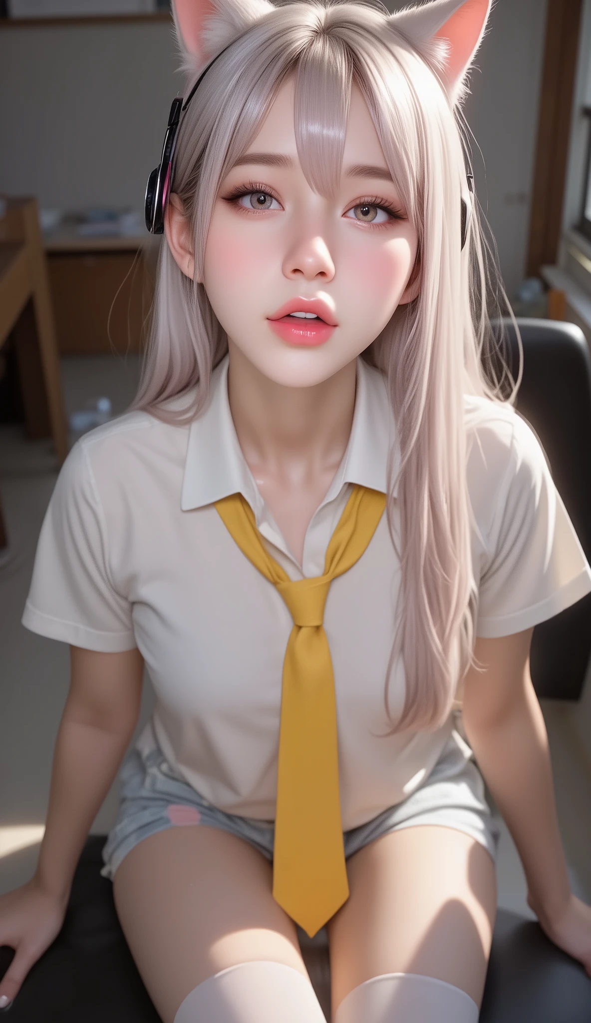 ultra realistic, fot, semi realistic, cinematic lighting, masterpiece, (perfect lighting:1.4), expressive! Exposed, (((nsfw, uncensord))), source_photo, source_anime, 8k, highest definition, RAW photo, DSLR, ultra-detailed, picture-perfect, best quality, detailed shading, depth_of_field, cinematic lighting, ((dynamic view)), (hyperrealistic:1.2), (XLabs F.1 Realism LoRA V1), Live-Action, Real, a cute young girl, beautiful Reflective eyes, beautiful detailed lips, extremely Delicate eyes and face, pink eyes, long eyelashes, sensual facial expression, mouth open, (8K HDR masterpiece), Super-detailed textures, NOGIZAKA Face variations, {Platinum Pink|Liquid hair}, wolf ears, Professional photo,face as she orgasms from sexual gratification,Mouth open Facial expressions are,She wants to lick your dick, white milk In mouth, { (from Directly Above) | No Cartoon }., photo by full body of an Irish girl with long white hair, wolf ears, girl with long white hair, pink eyes, futuristic vibes, cat headphones, 8k, high quality, simple background, glowing eyes, nice pose, 1, hourglass slim figure, perfect sexy slim curves body, medium breasts, sexy slim legs, 20 inch platform high heels, seducing gaze, blur the background, wearing a schoolgirl outfit (open blouse with neckline, short mini skirt, white opaque thigh highs, a tie), sitting in classroom, sitting in a chair behind his desk, looking seductively, playing with a lock of hair, she has her legs crossed, stretched pussy, sensual fuck, riding cock, wet crotch, wet anus, grinding on cock, ass spread, size difference (moist skin), (sweaty skin:1.2), super detail, ((transparent liquid flowing only from vagina, soaked dripping:1.35)), pussy juice, the sun is shining through the windows and creating beautiful natural light, Dramatic cinematic lighting, perfect and stunning image, best qualityer , 8k, ALEXA Camera, photo by full body.,Natalie R.,Immeasurable Beauty Girl,Angelic Beauty,Attractive Girl,Pretty Girl,Cute Girl,Kawaii Gi