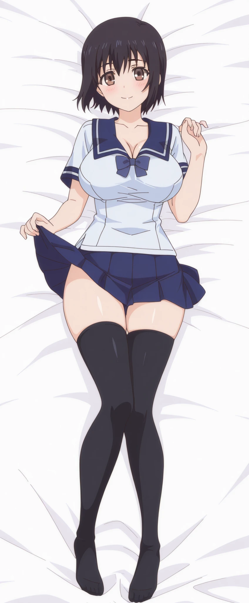 ((Highest quality)), ((masterpiece)), (detailed), (((Perfect Face))), ((A slim 16-year-old girl)), (((A girl wearing a short, tight navy blue jacket, White button-up shirt))), (((Dark blue pleated skirt))), ((Black Hair)), ((Black slanted eyes)), ((ponytail)), (((Are thin))),(((A shy smile))), ((Thin thighs)), ((Thin Hips)), (((girl looking away))), (((Teenage students in suits))), (((Empty Collar))), (((Bare thighs))), (((Wear sneakers)))、{{{Back view}}}, (((Flip up the skirt)))、(((Showing panties)))、(((Turn your butt))),(((Body pillow))), (((Tuck up your shirt))),(((Showing off your bra))),