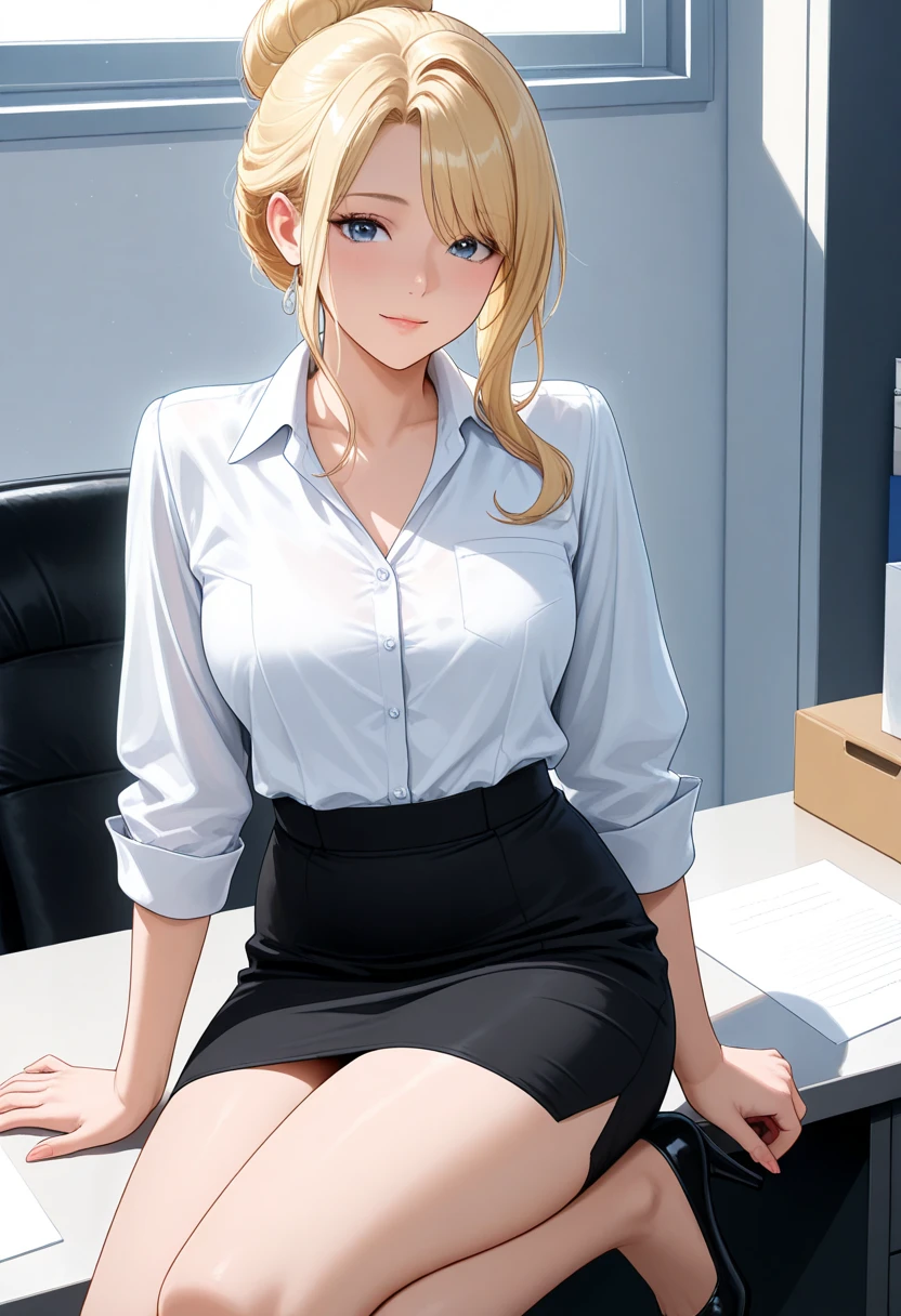 office lady, (micro mini-skirt), skirt lift, spread legs, Light blue panties , Sitting in a chair、In a small conference room、 a girl、24-years-old、Big Breasts、Beautiful Eyes、blonde hair, Green Eyes、ponytail、Tight waist、Thin legs、Anime Style、Cute face、Natural smile, blush, Highest quality、Best image quality、masterpiece、one person&#39;s、26 years old、Natural light、In a white-based office,