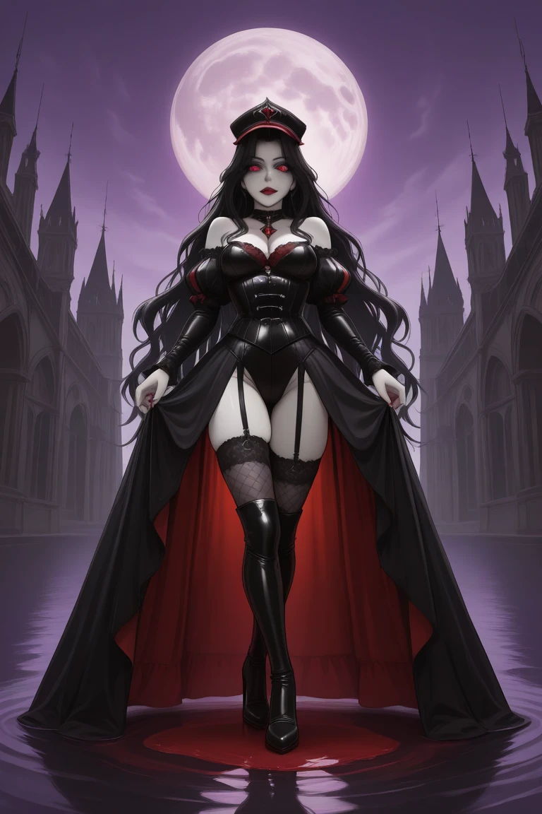 1girl, evil, black dress, bare legs, legs visible, white skin, tall, sexy, red horns, mature woman, glowing red eyes, demonness, demon girl, smile, cleavage, sexy, wide hips, full body, red glow, black hair, long hair, looking at viewer, masterpiece, best quality, very aesthetic, absurdres, black high heels, hand on hip, indoors, gigantic gothic cathedral, dark, night time, midnight