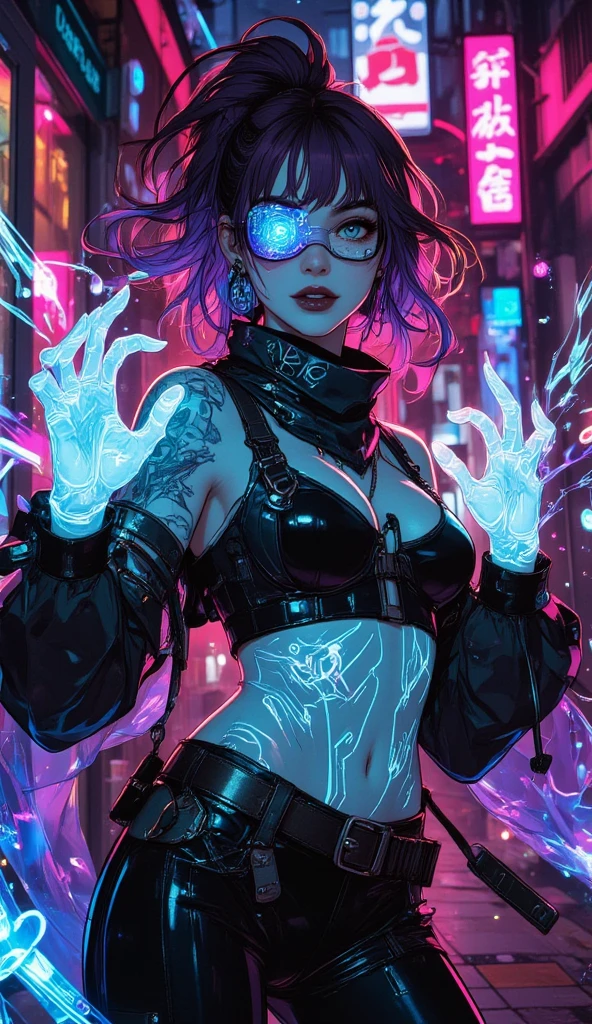 A fearless female space pirate, commanding her spaceship during a thrilling adventure, frenetic action shot, annabellpeaks, closeup, choker, earrings, eyelashes, eye shadow, lips, holding glowing spaceship wires, lipstick, jewelry, smeared makeup, nose, parted lips, navel, beautiful detailed blue eyes, see-through, perky breasts, cybernetic shorts, detailed (glowing tattoos):1, athletic body, detailed hair, detailed background, (night:1.2), dark, [scary, chased, danger, worried, afraid, stressed, gritting teeth|confident evil gleeful grinning], dynamic action pose, rich colors, flat shaded, professional comic book style, trending on ArtStation <lora:annabellpeaks_v2:1>