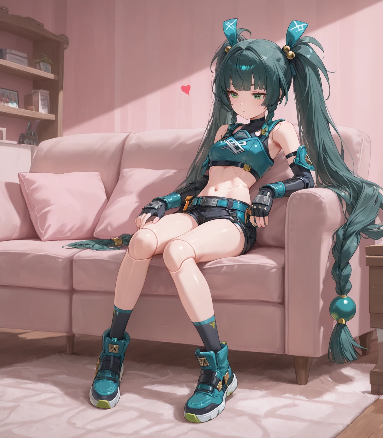 wariza,on bed,blush,(from above:1.1),<lora:SFEtikiV1:0.9>,con_tiki, ponytail,black fingerless gloves,single thighhigh,striped thighhighs, headset,tiara, dress,white boots, looking at viewer, thigh strap, asymmetrical legwear, fur trim, uneven legwear, socks, sleeveless,,(masterpiece, best quality, ultra-detailed, best shadow)