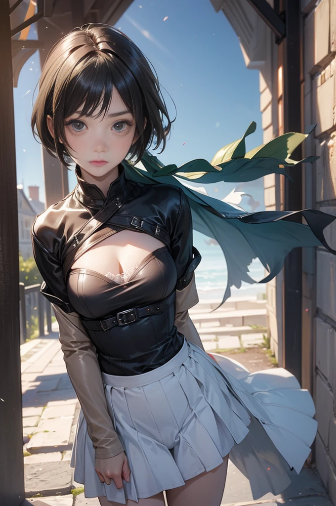 mj3D style,3Dmm,3D,(tmasterpiece, Best quality at best:1.1), in style of ghibli, mulberry (Ghost Ji), 1个Giant Breast Girl, armlets, By bangs, brunette color hair, black underThe shirt, , capes, cirque, 耳Nipple Ring, facepaint, Fluttering, ln the forest, fur capes, green-eyed, jewely, looking at viewert, medium , naturey, choker necklace, Outdoor activities, parted By bangs, The shirt, short detailed hair, Sleeveless, Sleeveless The shirt, Alone, tooth choker necklace, The tree, The upper part of the body, white The shirt