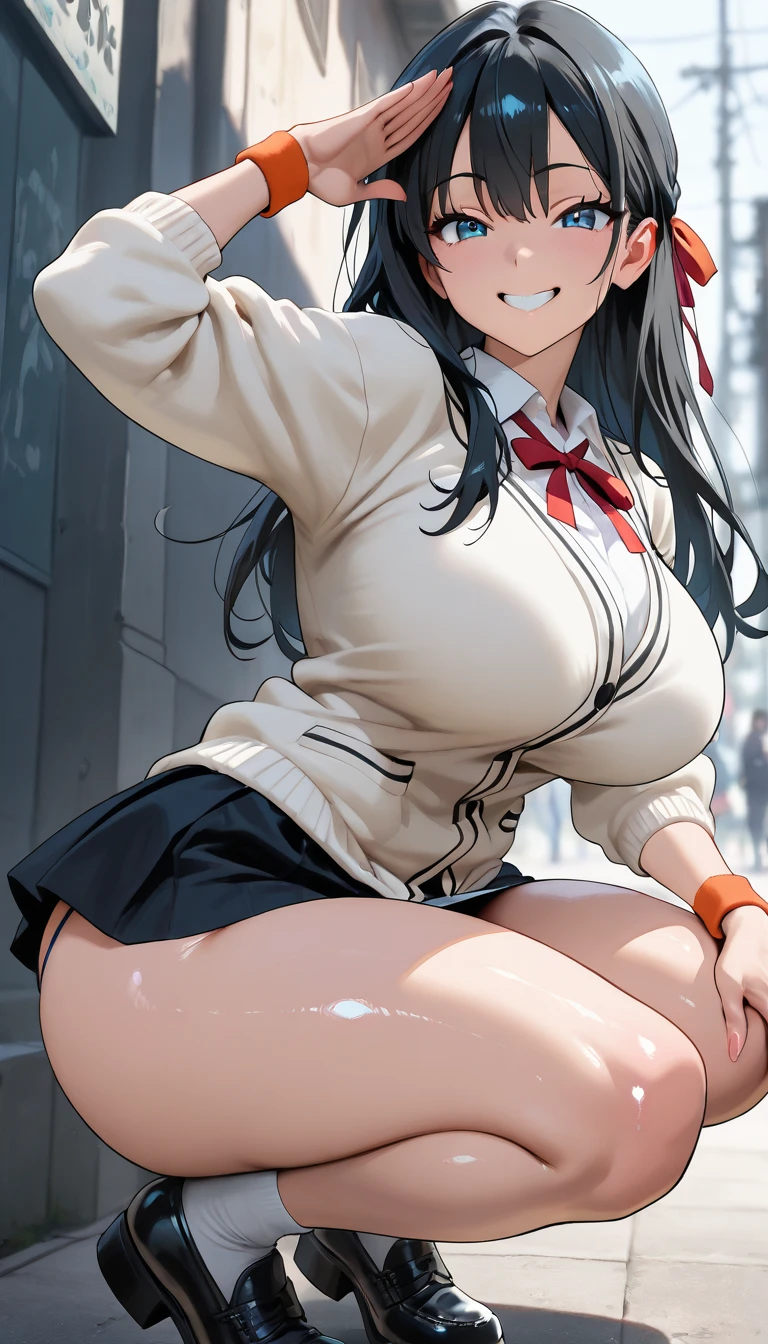 (nsfw),masterpiece,ultra detailed,sharp focus,4k digital art,high resolution,seductive anime girl,front shot,(v sign with both hands:1.5),(happy smile and blushed:1.7),(peeing),tareme,(adult beautiful face,curvy adult body:1.3),(from below,upskirt:1.4),(school cardigan:1.3),dress shirt,black socks,(navy and pleated skirt),bow tie,(short black hair,long straight hair),(tanned skin),at night light,outdoor,(sweaty:1.2),grinning,(trembling,flying heart-shapes),(squatting and spreading legs:1.1),(sexy and laced red undies:1.3),loafers,crowd in background,gigantic breasts,drooling,heart pupils,puffy nipples