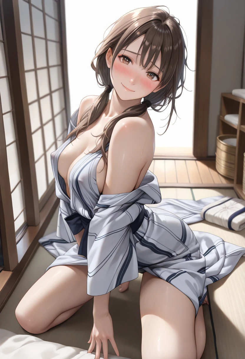 1girl, kuwayama_chiyuki, black hair, shiny_colors, blush, warm glow, official art, half-closed_eyes, looking at viewer, medium breasts, from front view, complex_background, black , white uniform, school, indoor, tatami room, long skirt, cleavage, thigh nudity, nude legs