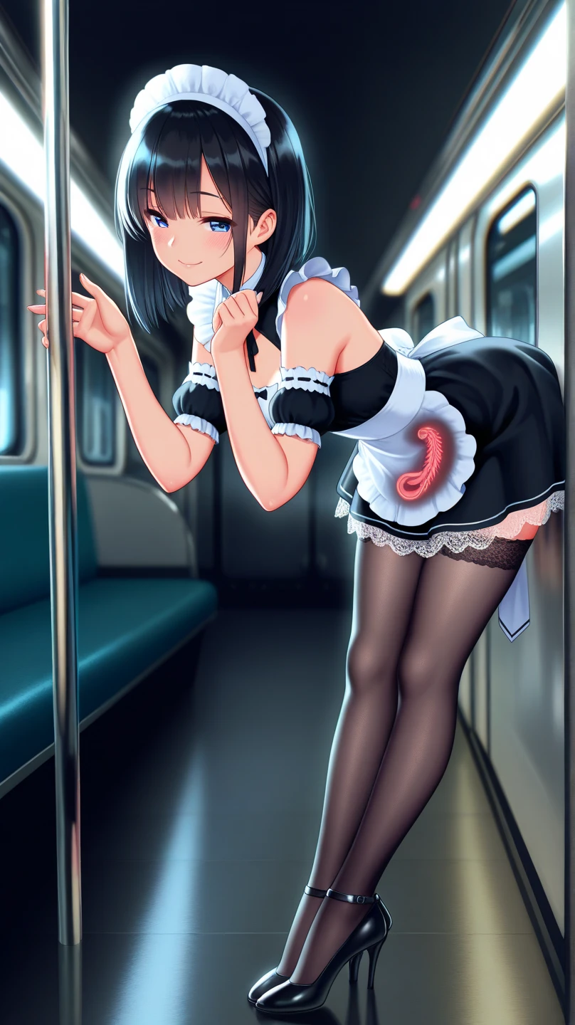 ((full body):1.5), {((only 1woman))}, wearing {((black maid outfit with white parts, extremely tight on the body))}, has {((extremely giant breasts):1.2)}, {((she has very short blue hair, green eyes))}, she is looking at the viewer, {((glance of pure pleasure, expression of pure pleasure)), ((she is doing erotic poses)), {Background: ((bus full of people of different ethnicities and clothing))}, 16k, high quality, high detail, UHD