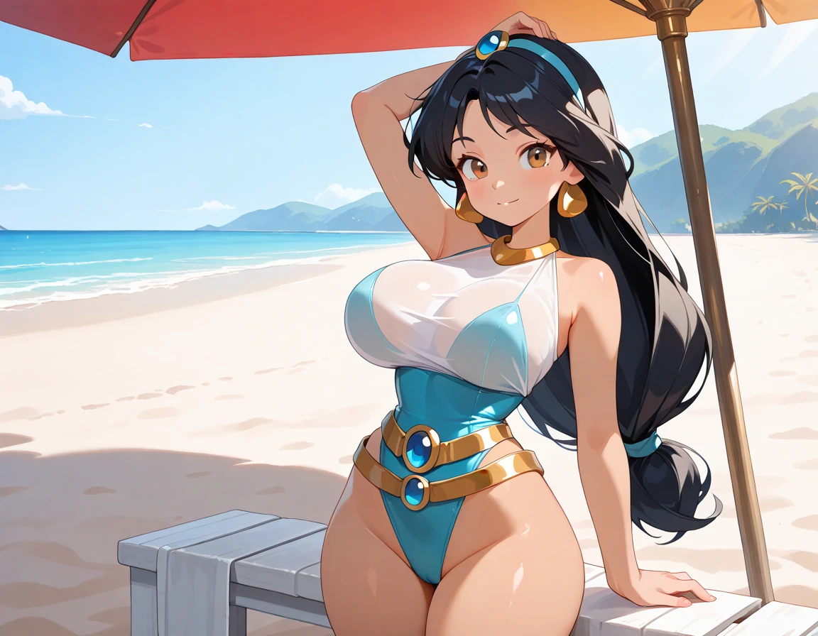 masterpiece, best quality, hyper detailed, good anatomy, perfect anatomy,long hair, big breasts,, Expectant smile,black hair,beautiful face, blush,beautiful eyes,20years old,milf,perfect hands, perfect fingers, lighting,full body,looking at viewer,sweat,(white one-piece swimsuit),beach,(tanned skin),