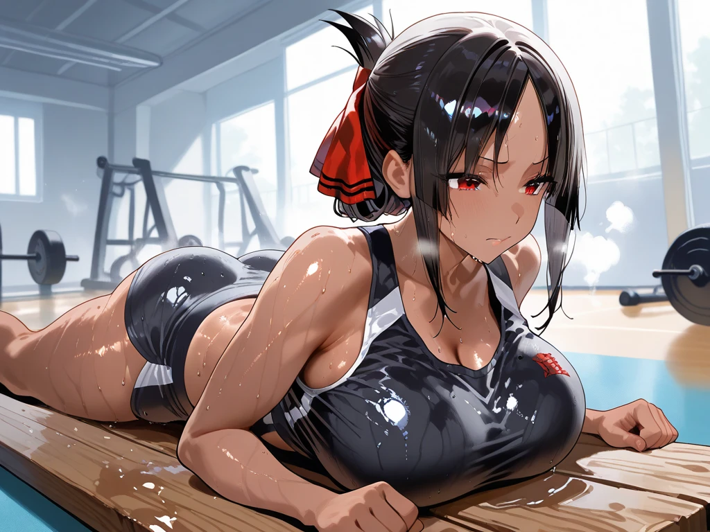 Angry expression,Open your mouth。(a female athlete,Wearing a black competition swimsuit,Squatting on the bed,Pussy leaking)。
