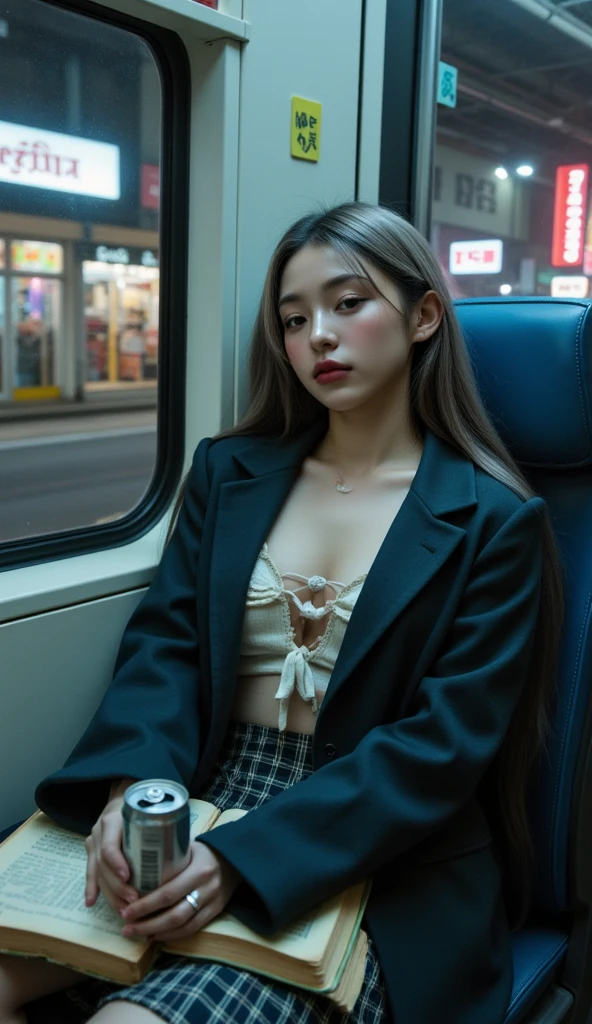 (Best quality, Ultra detailed, Golden ratio, Masterpiece:1.2), Theatrical lighting:0.7, Photo of a woman, dressed in a very elegant and pretty dress, Perfect rare face, (Highly detailed skin), randomly dyed hair, Hide your mouth with your hands、Ridicule, skin texture, Pale skin, shiny skin, (thin, large size:1.2), [:(Sharp focus on rare face, perfect eyes:1.2):0.2], photorealistic, film grain, Put one foot forward、from below looking up、look at camera、Emphasize the shoulders, Focus on face、Stockings、glasses、Smile with corners of mouth raised、disdainful expression, summer haze, muted colors, muted warm colors, Photo cinematic portrait of a woman dressed in a striped dress sitting by the window in the early morning, cinematic, (tilted:1.3) (on an old train) look cautious, standing under a spotlight, volumetric dust clouds, key light, backlight, soft natural lighting, photography Film grain ISO 400 30 mm lens RAW f1.8 aperture, highly detailed (analog photography:1), colors hdr