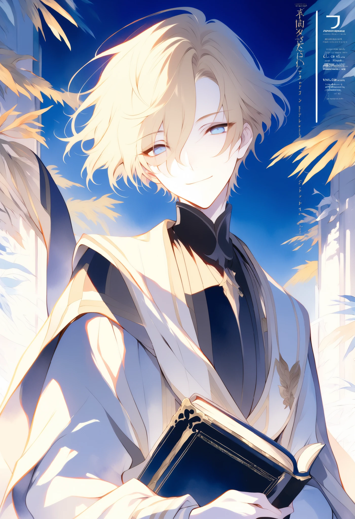 masterpiece. handsome. monotone. watercolor. solo. 1 male. young man. body visible to the waist. blonde hair. light blond hair. short hair. blue eyes. pale skin. androgynous features. holding a book. calm smile. academy uniform. cel shading. zerochan illustration. morning setting. magazine cover. poster illustration. novel cover.