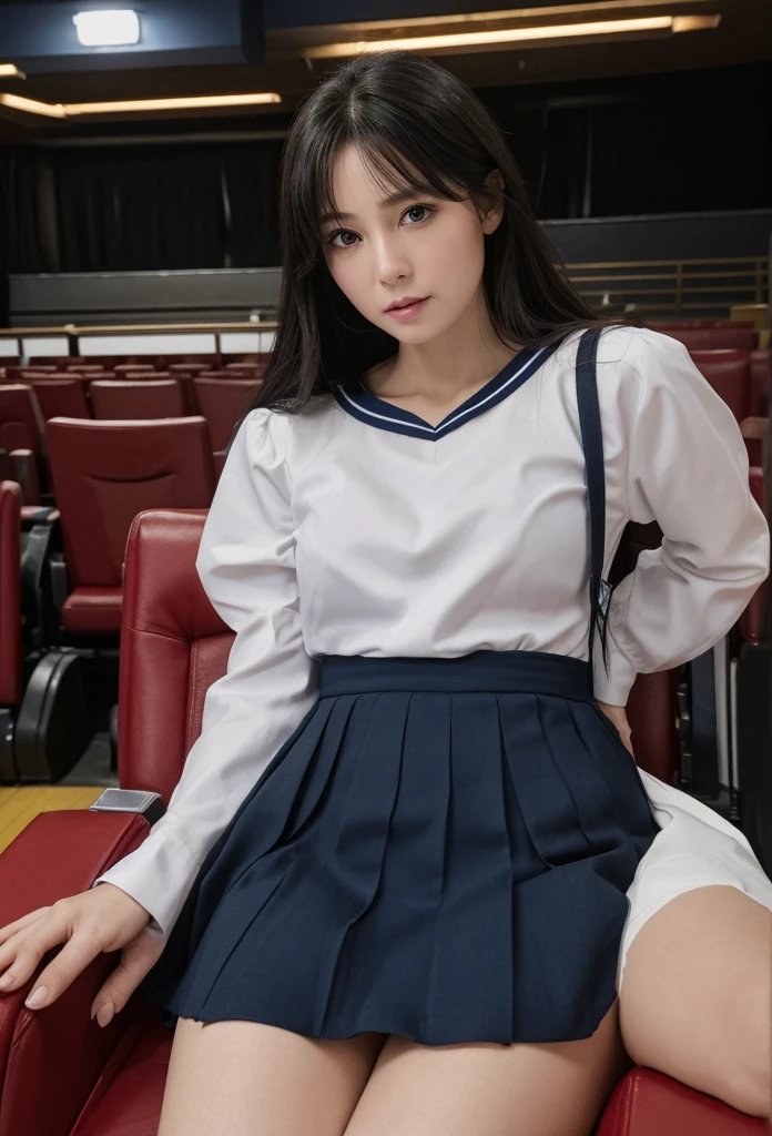 ((Highest quality))、(masterpiece:1.4)、RAW Photos、8K、((Best image quality))、 ((High resolution))、Beautiful face in every detail、Realistic human skin、Gentle expression、(One Woman:1.3 )、Realistic、Realistic、(Beautiful woman)、(Cute Japanese Girl)、(boyish:1.35)、((mannish))、((Beautiful woman))、(Beautiful Hair)、((Dark green hair))、(((Red cheeks)))、((Her eyes are big))、 year old beauty、(Her face is small:1.7)、Small Head、((Long neck))、White skin、Beautiful Skin、With bangs、Everyone longs for、のBeautiful woman、eight-headed body、(necklace)Looking into the camera、smile、Happy expression、very dark green short hair,Oily shiny knee socks、(The perfect school girl uniform:1.3)、Blue ribbon sailor suit、(Beautiful small breasts:1.3)、(Red checkered mini skirt:1.2)、sexy
