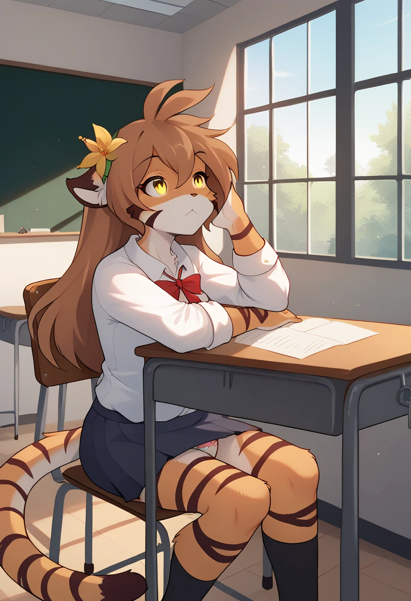 score_9, score_8_up, score_7_up, score_6_up, score_5_up, score_4_up, rating_safe, source_furry, a female anthro fluffy, 1girl, solo, female, furry, anthro, fluffy tail, small breasts, tiger, striped fur, yellow eyes, anthro, a tiger girl in black high stockings and white glasses next to a classroom blackboard, 1girl, chalkboard, thighhighs, skirt, clothes lift, solo, glasses, underwear, skirt lift, cute panties, furry, furry female, white panties, black thighhighs, lifted by self, black skirt, looking at viewer, shirt, classroom, white shirt, round eyewear, from behind, (dat ass:1.2), curvy figure, thick thighs, presenting butt, focus on butt