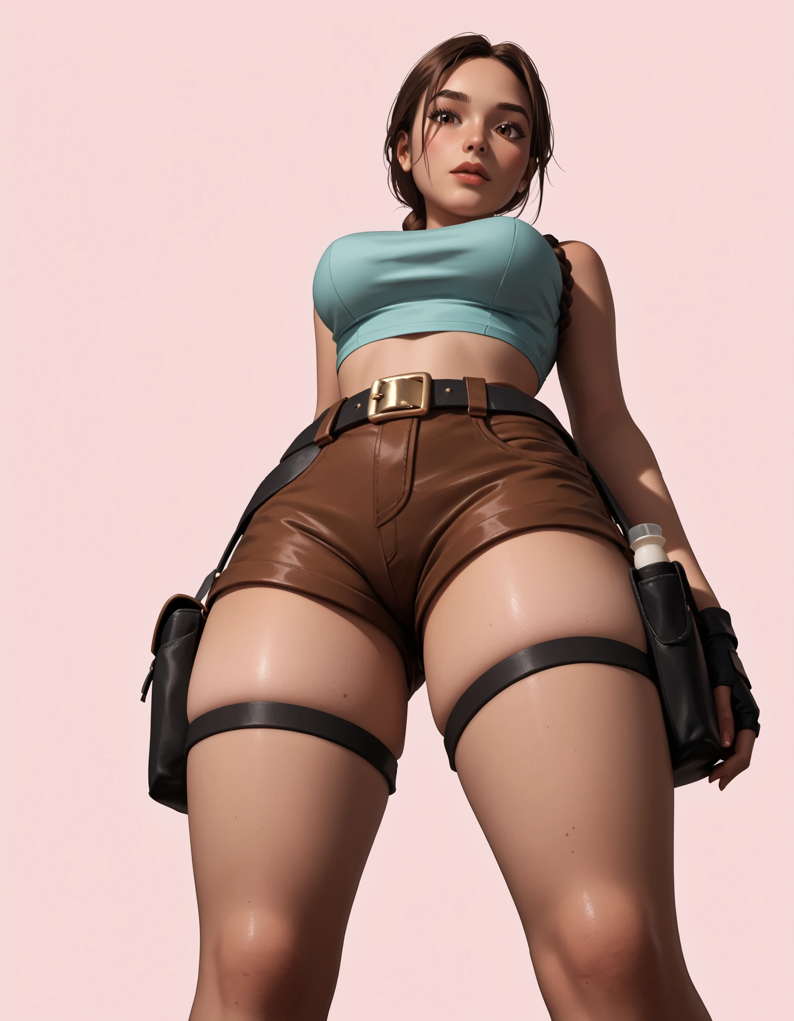Highly detailed and stylized digital illustration of the athletic and beautiful adventurer Lara Croft, making a sexy pose with a flirty expression, wearing a teal (u-neckline) crop top, brown tactical shorts, (black thigh holsters), black fingerless gloves and black utility belt, long brown braided hair, hazel eyes, light pink background, view from below, upper body illustration.