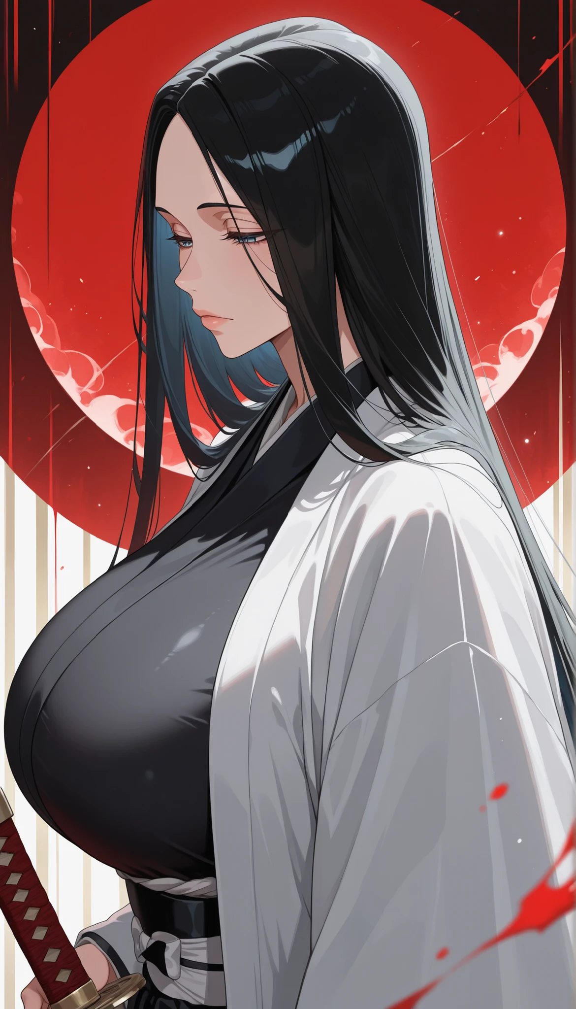 masterpiece, best quality, newest, 1girl,  from side, upper body, close-up, 
 unohana_tybw, blue eyes, black hair, very long hair, straight hair, forehead, black kimono, haori, long sleeves, wide sleeves, expressionless, narrowed eyes, 
Huge breasts, lips, androgynous, holding weapon, katana, posing,
abstract background, red background,  light particles,