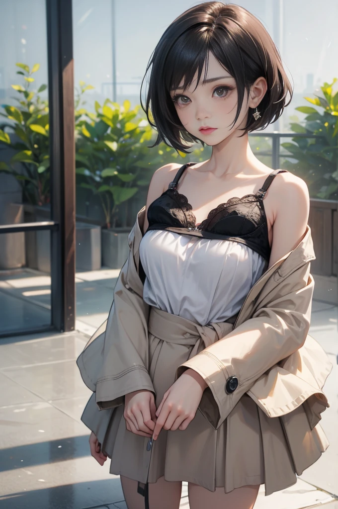 short length bangs, tmasterpiece, Best quality at best, A high resolution, 1 Sister, ,lopfe art ventania grid,view the viewer,(ssmile:0.6),,Lace bra,Cardigan shirt,fenced building roof,ventania,perfect posture,Award-winning works,