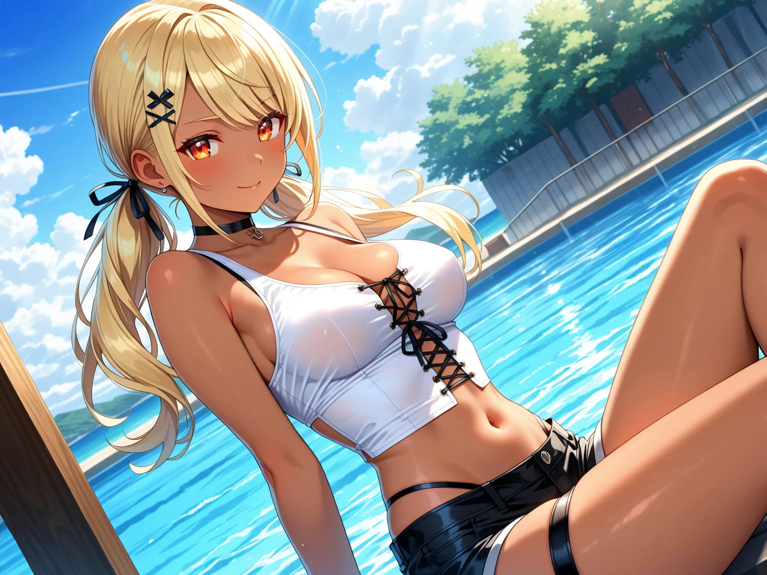 (((solo,1woman, mature, alone))), misa amane, ((sidelocks, long hair, blonde hair, twintails, glowing brown eyes, wide eyes, makeup, narrow waist, skinny, medium breasts,  cross necklace)), pelvic curtain, ((black bikini)), full body, perfect body, (insanely detailed, beautiful detailed face, masterpiece, best quality), (extremely detailed 8k paper CG wall unit: 1.1), (saigyou_ayakashi, bare_tree, cloudy sky, cloud, fog, dusk), cameltoe view, cameltoe, View from above, Diagonal view