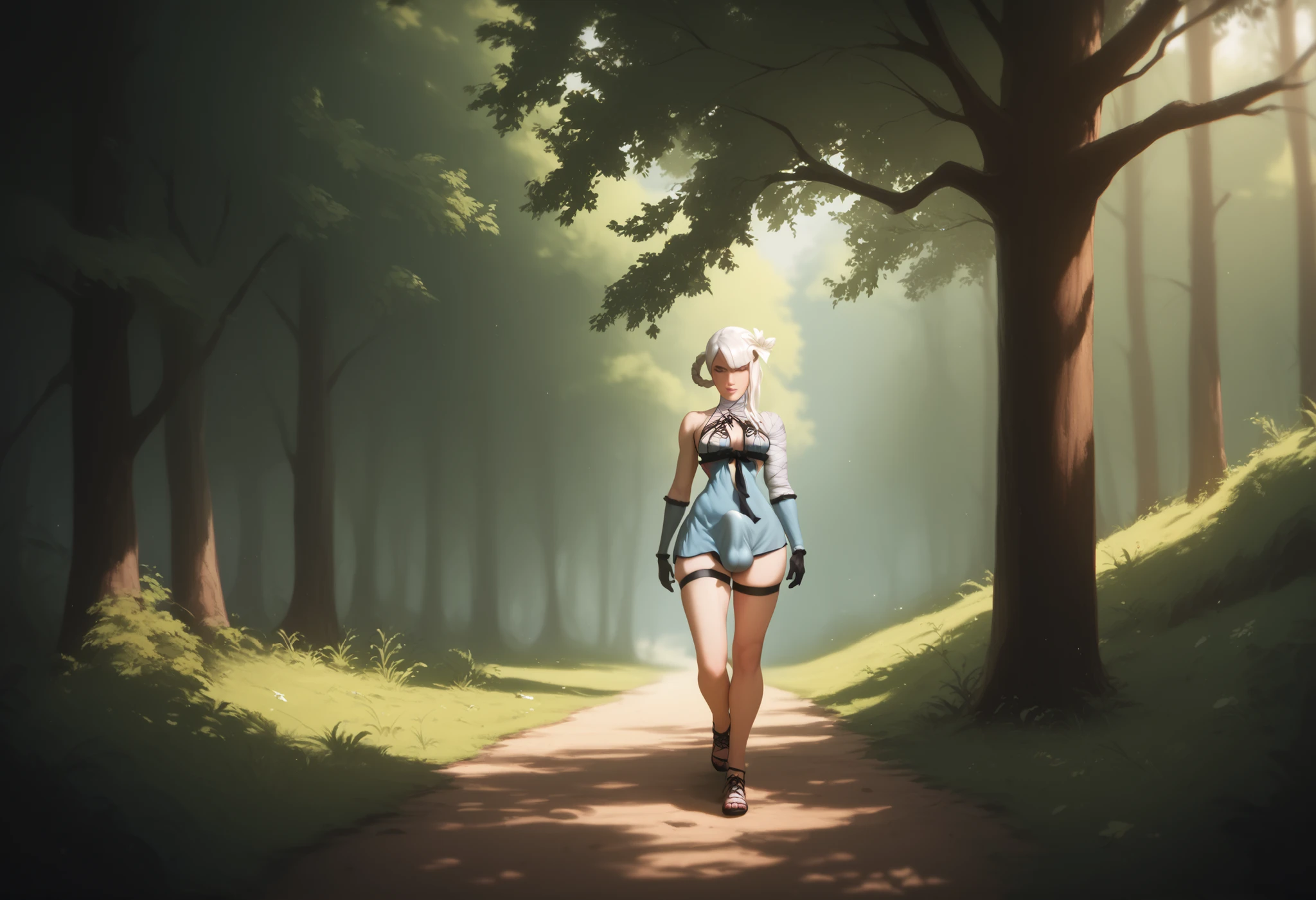 kaine_(nier), very detailed, relaxing under a tree, peaceful, walking in a forest, leaves falling, atmospheric, masterpiece, dickgirl, penis under clothing, futanari, crotch bulge