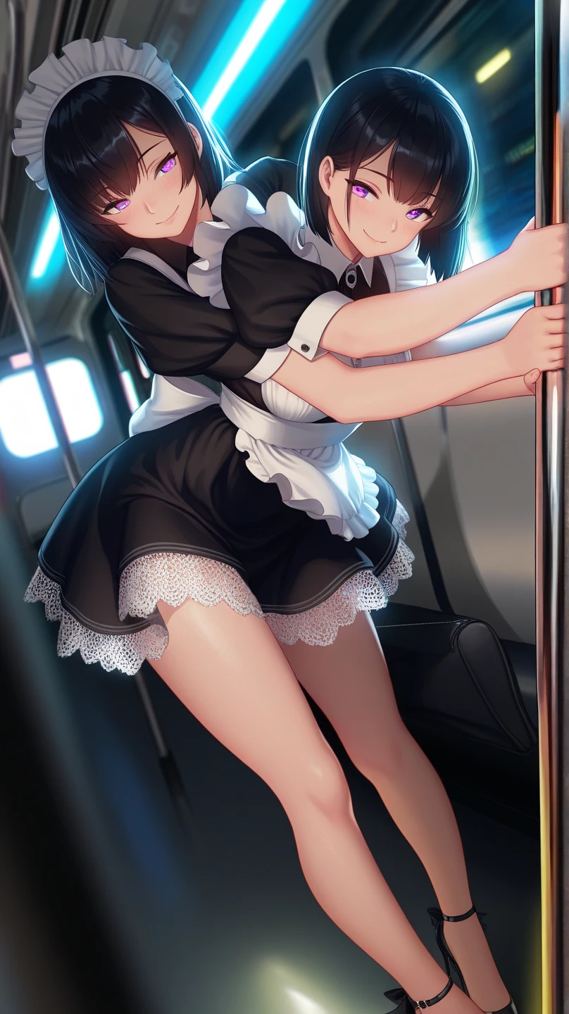 (Full body photo:2.0), (An 18-year-old Elf girl:1.5), (absurdly large breasts:1.5), (she's wearing pantless black maid attire with white apron:1.3), (she's inside a crowded train doing sexy poses:1.5), (extremely tight outfit on her body/very short outfit and pquena:1.5), (she has purple hair:1.3), (she has blue eyes:1.3), (She's/reddened cheeks:1.5), anime, anime, Realism, 16k, best quality, high details, UHD, masterpiece