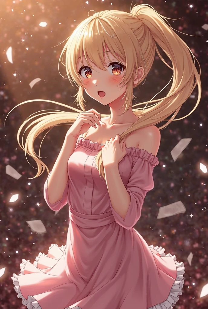 retro artstyle, Highres, best quality, masterpiece, 1girl, cagalli, blonde hair, brown eyes, petals, strapless wedding dress, solo, tokyo-iii, spring, atmospheric lighting, makoto shinkai, view from below, festival, sunray, sakura, sakura petals, flowing pink sakura petals <lora:CagalliYula:1>