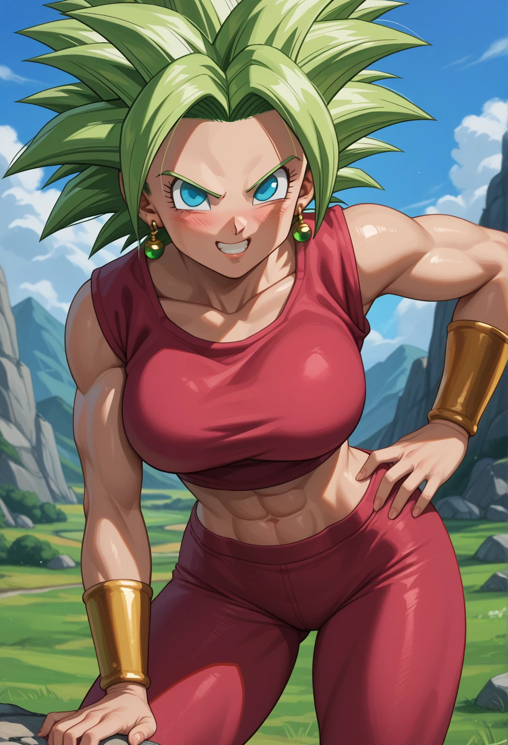 Muscular woman, with spiky green hair, white eyes, wearing a gym outfit, Kale Dragonball super, legendary super saiyan, green, with an erect penis volume showing on the clothes, Holding a glass full of Of a thick 