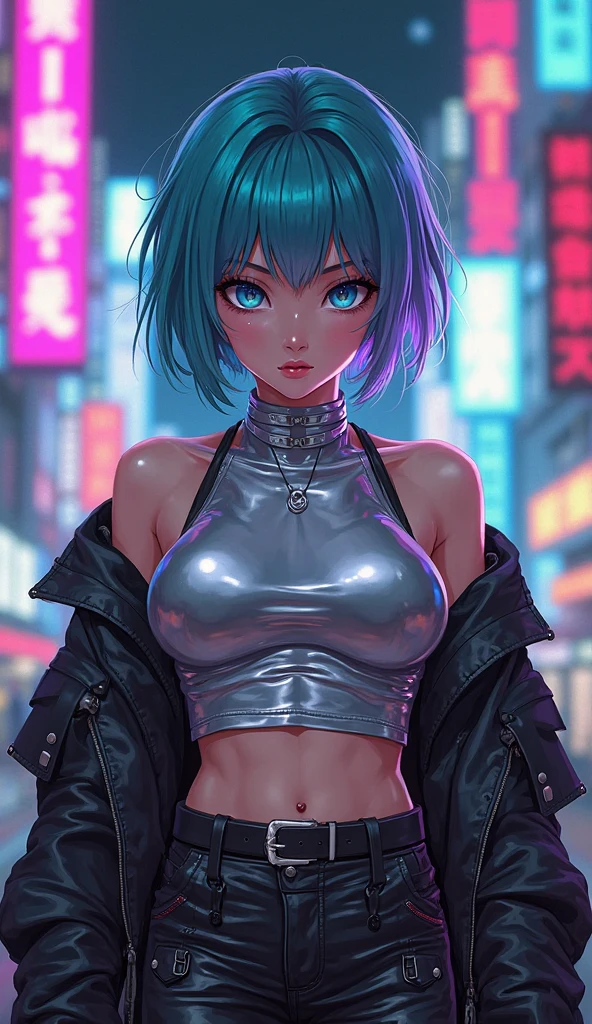 a digital painting of a woman with blue hair, cyberpunk art by Josan Gonzalez, behance contest winner, afrofuturism, synthwave, neon, glowing neon, huge breast