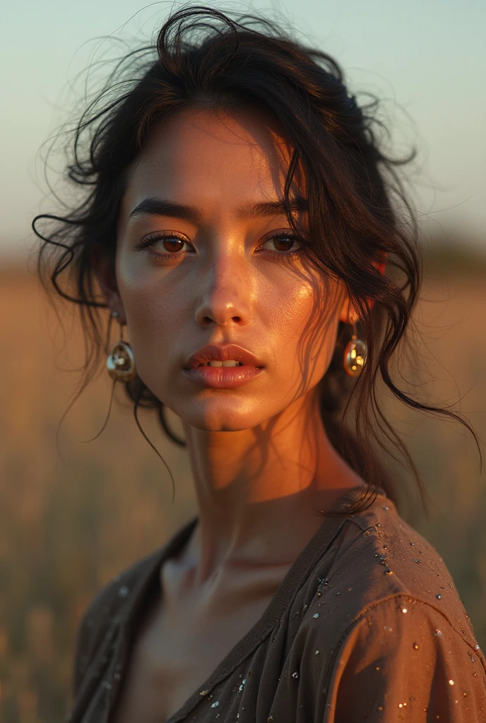 masterpiece, Transition to a desert landscape at sunset, a lonely figure, A beautiful 18-year-old American teenager emerges wearing beautiful post-apocalyptic nomadic clothes., White skin, by rubio, gray blue eyes, Freckles in the face, slim body for running, small breasts, Very detailed face, ultra realistic face, very beautiful face, clean but tired face, post-apocalyptic clothing. Layers of tattered fabric, unconventional accessories, and a worn appearance create an aura of survival and resistance., 16k, ultra high resolution.photorealistic, HD, raw, DSLR, with the face of jeniffer lawrence