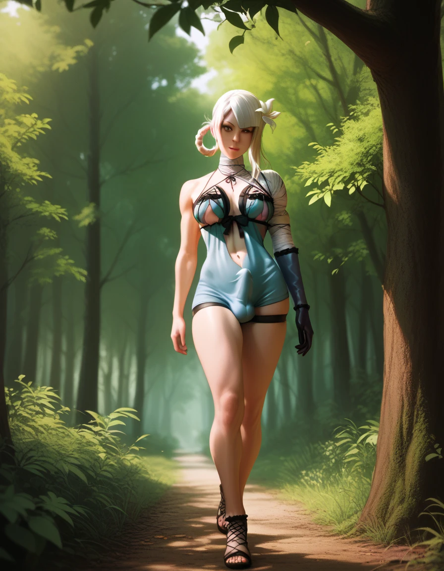 sfw, (ultra quality, Incomparable masterpiece:1.4), ethereal, (真实感:1.4), (realisitic:1.2), (absurderes:1.4), anime styling, 4K, Overwhelmingly pixel perfect, ultra detali, digitl art, Beautiful Night Elf, ((nightelf, dark elf)), (smooth features: 1.4), face detailed, (standing alone:1.4), (1 girl), (front viewer:1.2), (Long gray hair: 1.4), (bangss, side locks:1.2), seducer, (Zelda, Celestino Lucullus: 1.2), (voluptuous:1.4), (boba: 1.4), (crushing breasts), (small waist: 1.2), (thick lips: 1.3), (drlight smile: 1.2), stones, trees, plants, (shrub:1.2), (ultra detali Absurdly-Neon Clear Mint Eyes:1.2), (focus on the legs: 1.2), ((Stockings)), (high-heels), seducer, whole body, (pose sexy: 1.4), body of venus, wlop and ross tran art, (Luminous Studio graphics engine)