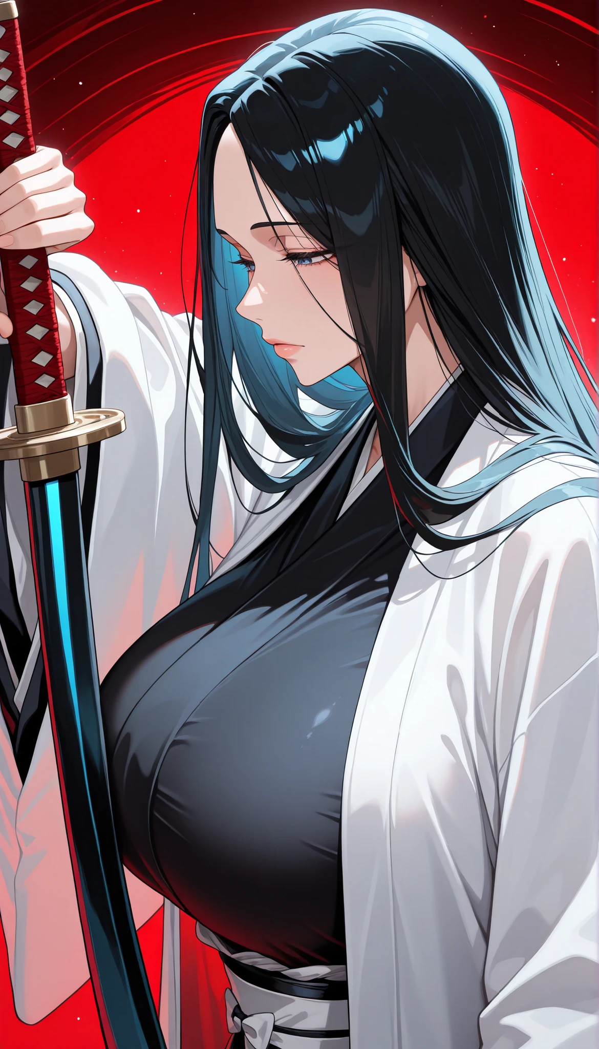 masterpiece, best quality, newest, 1girl, from side, upper body, close-up,
unohana_tybw, blue eyes, black hair, very long hair, straight hair, forehead, black kimono, haori, long sleeves, wide sleeves, expressionless, narrowed eyes,
Huge breasts, lips, androgynous, holding weapon, katana, posing,
abstract background, red background, light particles,