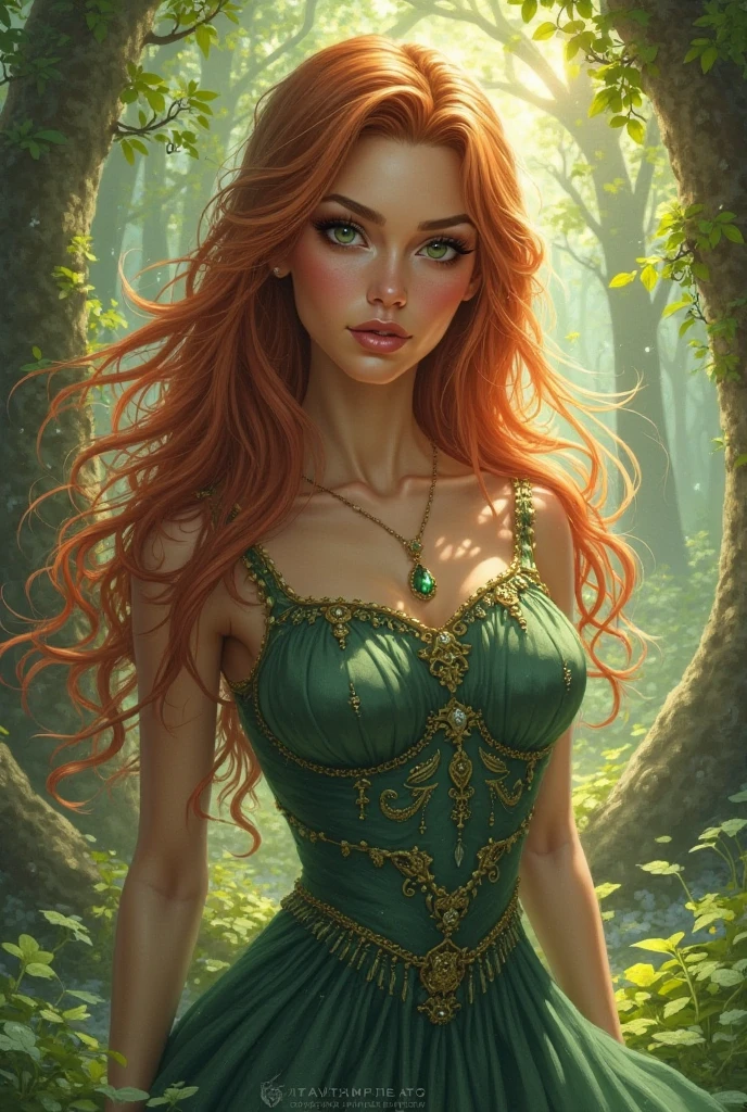 A magical princess, green slanted eyes, waist-length red hair, Elf's ears, beautiful body ,less chest and more buttocks