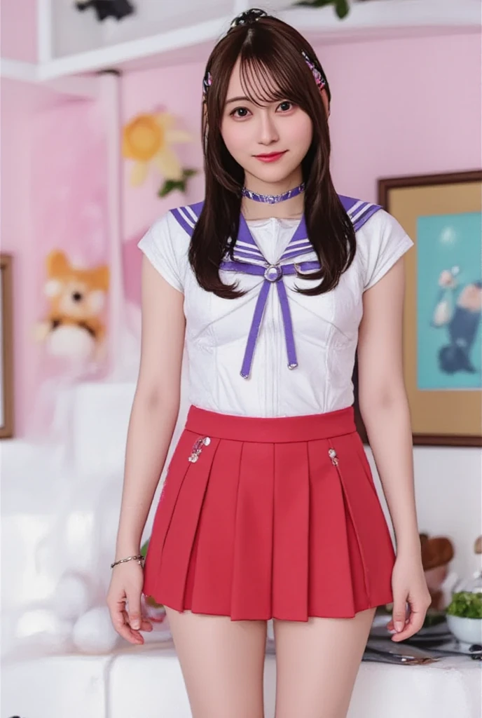 (((masterpiece, highest quality))), 1 girl, sailor suit, skirt,  messy hair, mature, white pantyhose, shiny pantyhose, shiny skin, best lighting, best shadow, disorganized, Are standing, put your hand on your waist, lewd smile, very cute,full body portrait
