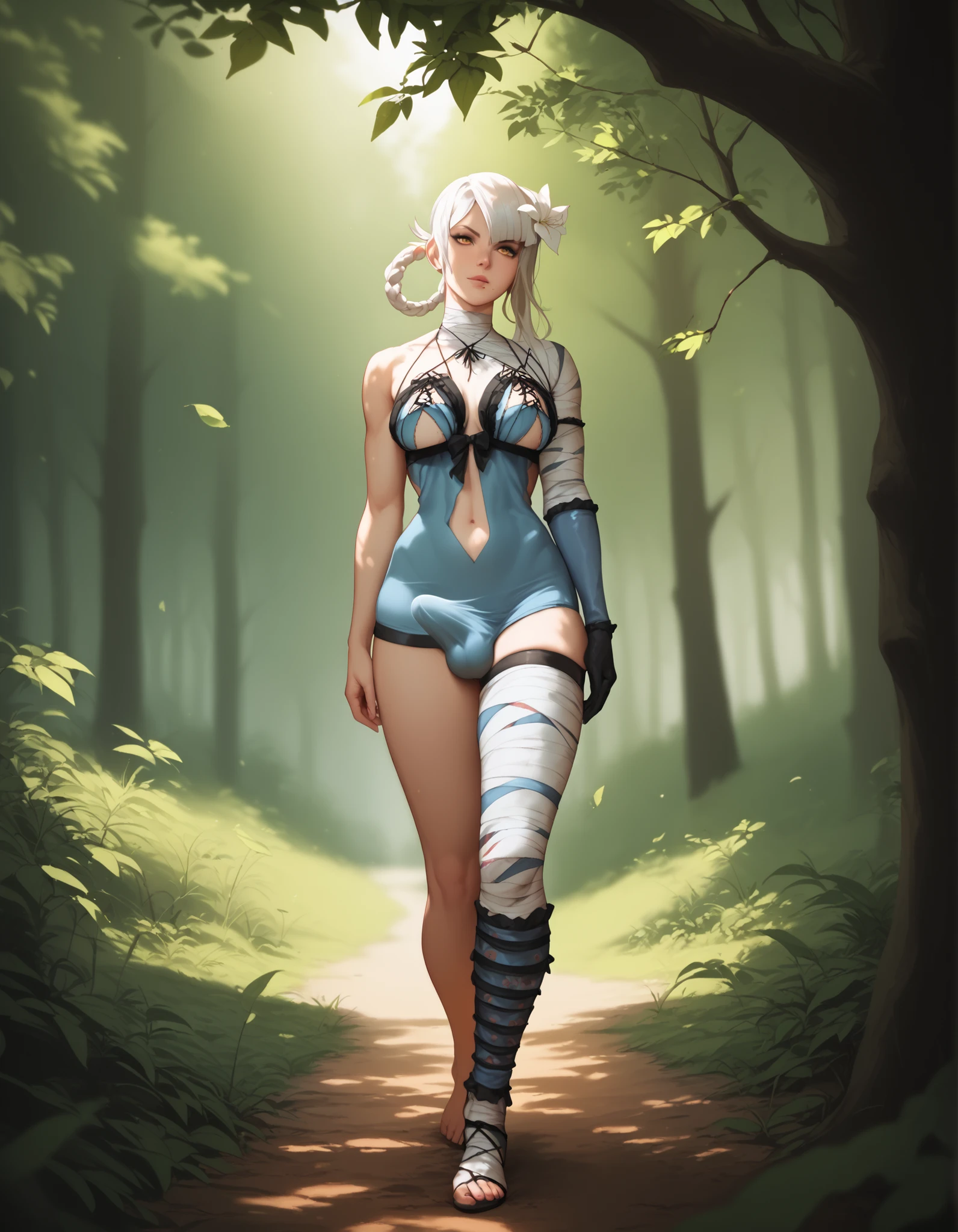 kaine_(nier), very detailed, relaxing under a tree, peaceful, walking in a forest, leaves falling, atmospheric, masterpiece, dickgirl, penis under clothing, futanari, crotch bulge