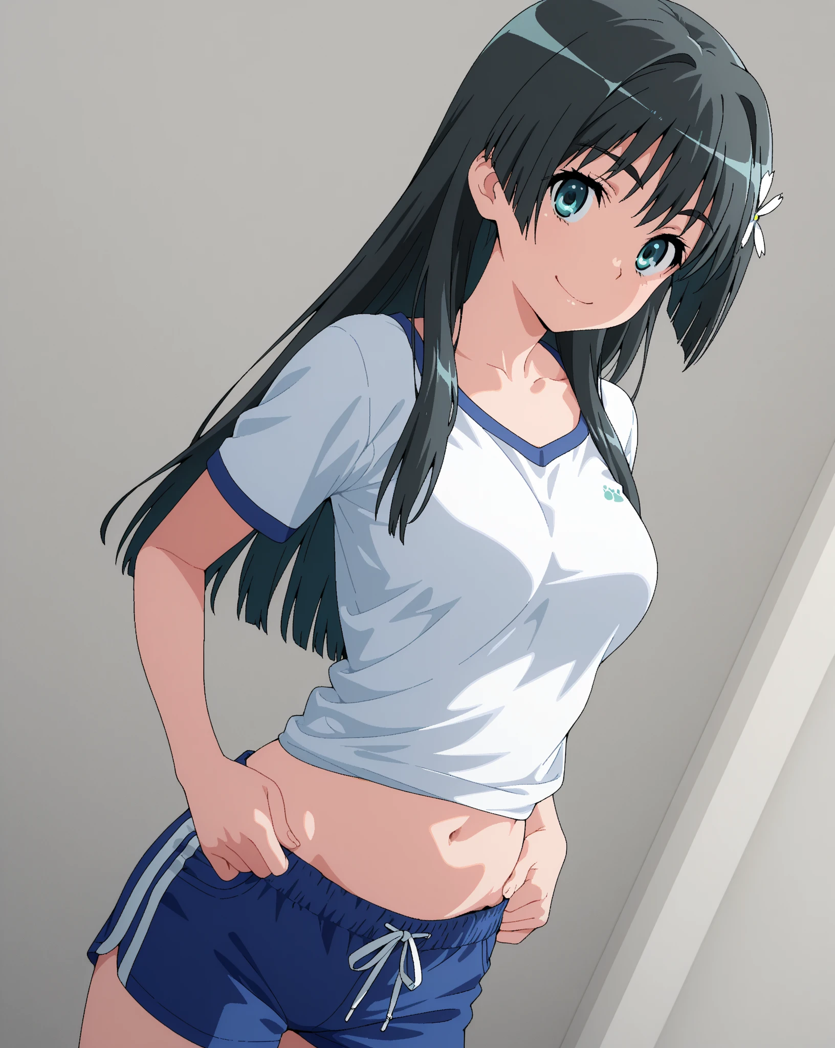 masterpiece, ultra quality, ultra sharp, ultra detailed, 1girl, solo, (((good anatomy))), haduki kurumi, (tattered torn dripping wet white gym shirt), navy gym pants, animal ears, randoseru, name tag, Japanese anime pose, laugh, BurumaShorts, Buruma, Gym Uniform, (((sitting, squatting, spread_legs, legspread, split_legs, spreading legs)), (randoseru backpack:1.4), (smug smile), buruma, blue buruma, black buruma, (cameltoe), (tattered torn short sleeve white gym uniform with colored hem), (tiny nipples), (white long loose socks), strong lighting, legspread, bukkake, cum on clothes, cum on legs, cum on buruma, cum on bloomers, (((spreading legs by hands)))