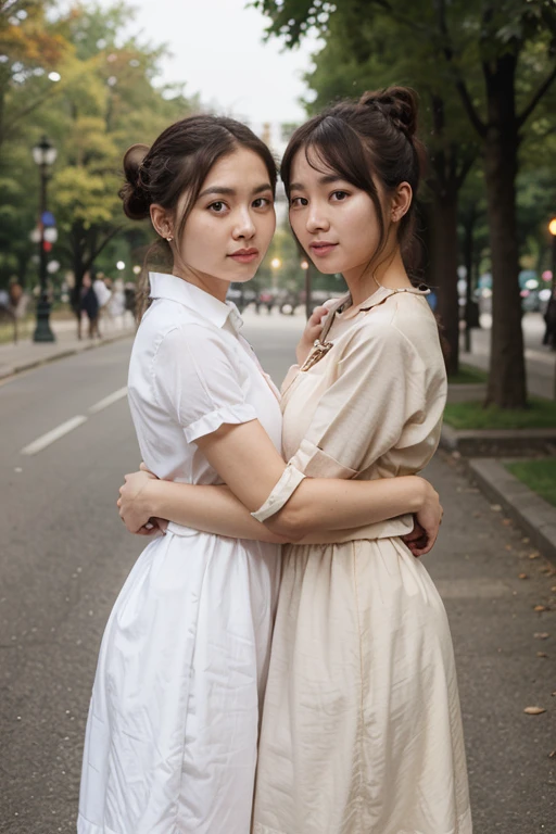 8K、Top image quality、​masterpiece、夏天、Japan high school girl meets friends on her way to school。Involuntarily kissed me on the cheek with pleasure、She winked、