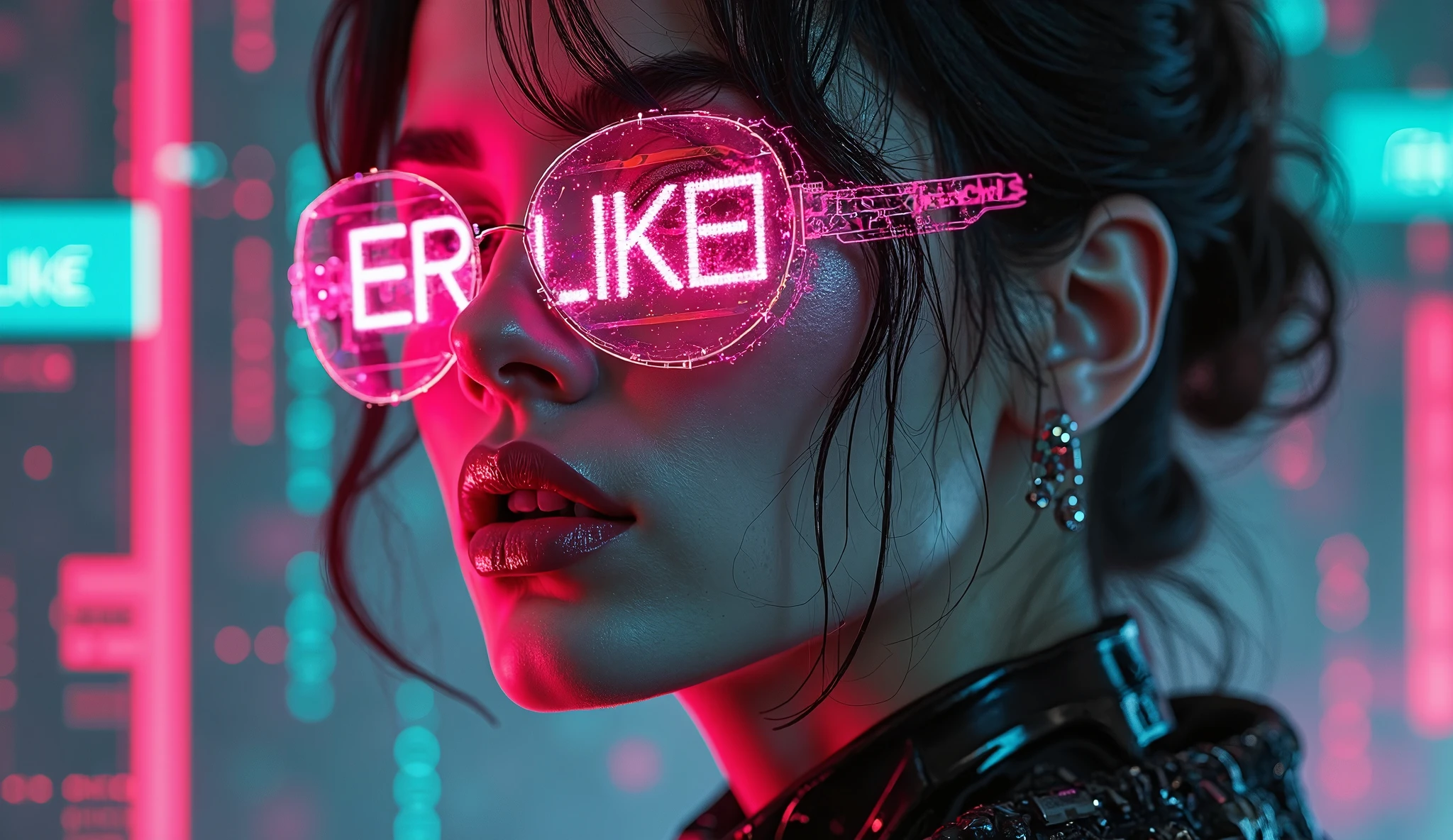 there is a woman with a bandana covering her face, distorted photo, wlop!!, wlop |, badass filters and effects, made with photoshop, hyperealistic photo, loish and wlop, smogpunk, beeple!!, wlop style, by Zahari Zograf, anaglyph effect, photo manipulation, vaponpunk