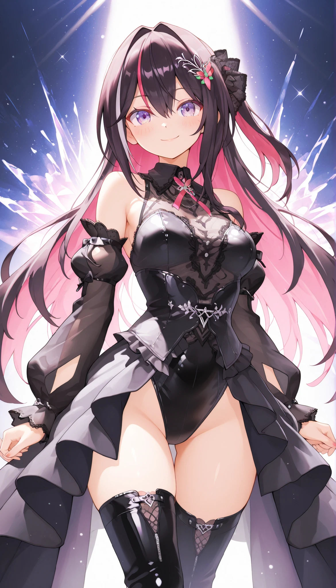 ((2D beautiful girl、4ｋ、8ｋ、top-quality、Perfect Finger 1.1、Perfect Anatomy 1.1、Dress perfectly、Beautiful illustration))、Blur the background、a beautiful slender girl、(transform sequence)、((stright long hair))、Soio、Soio、12 year old girl、japanes、Lori、Chiquita、a junior high school student、A dark-haired、((white and blue chinese leotard))、（highleg）、Tiara on the head、A smile、 is standing、Facing the front、
