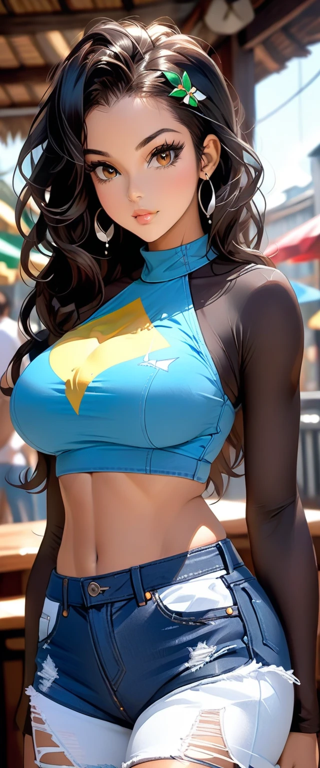 (((masterpiece))), Nico Robin, One girl, alone, whole body, Long Hair, View your viewers, smile, blue eyes, Large Breasts, Black Hair, belly button, Holding, Cleavage, Mouth closed, sexy pose, bewitching pose, model posing, clavicle, Jacket, Short sleeve, Cowboy Shot, Outdoor, On the boat、null, Day, abdomen, cloud, water, Stomach, blue null, 魅惑的なsmile、Crop top, between legs, Ocean, sunglasses, Wear glasses on your head, zipper, cropped Jacket, High collar, Unzip, salon, I slicked my hair back., partially Unzip, print salon,