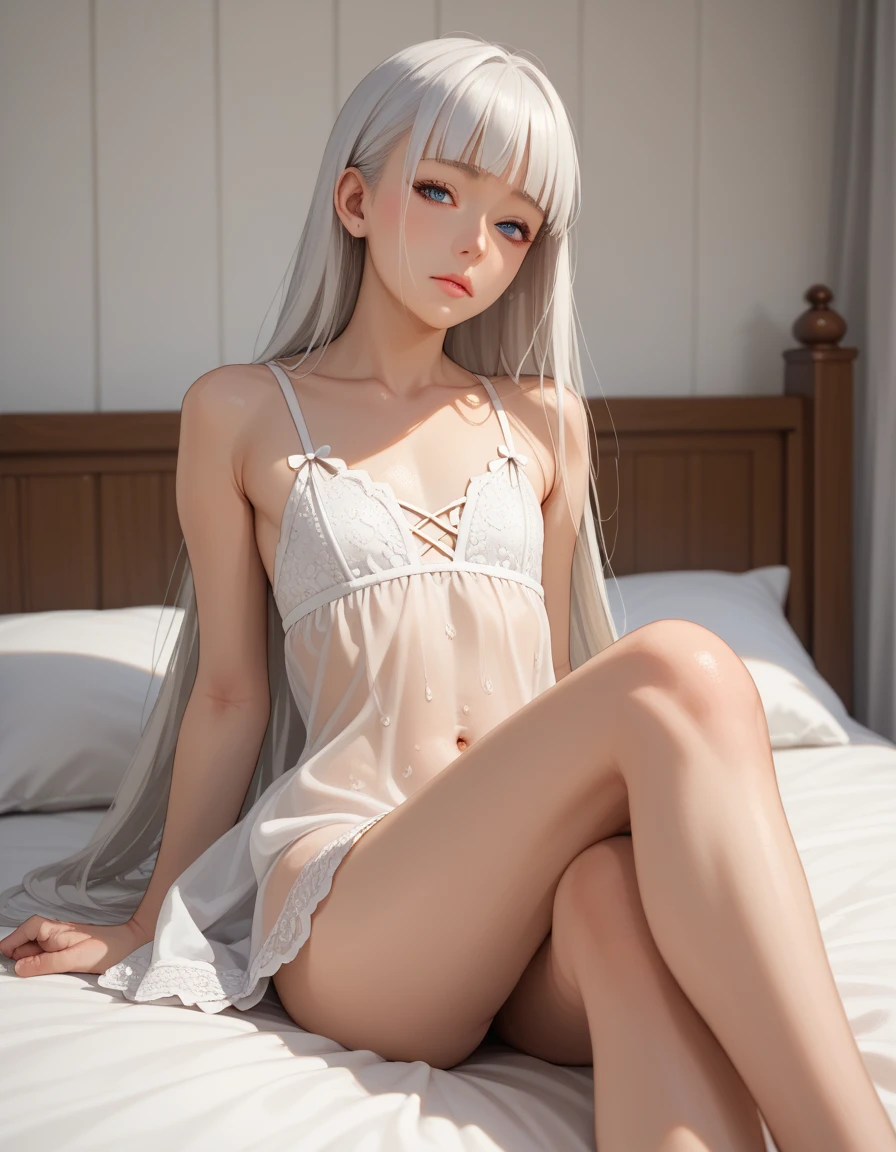 Masterpiece, Top Quality, Super Detail, 8K, Detailed Light, Detailed Shadows, RAW, (Detailed Skin), Realistic, Nordic Girl, Face, (8 years old), White Hair, (Sleeping in Bed), Courselet