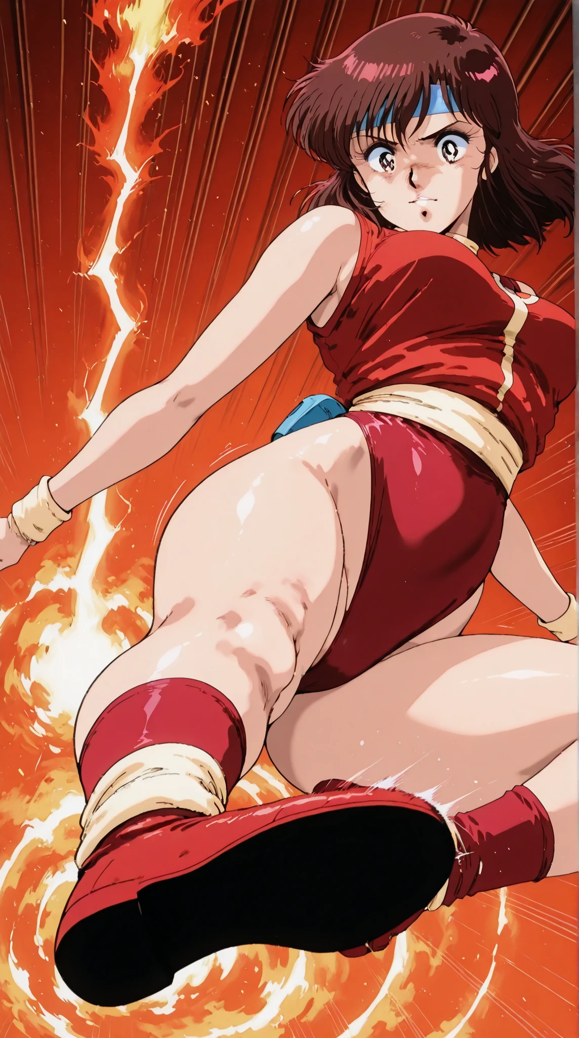 score_9, score_8_up, score_7_up, masterpiece, source_anime,1girl, (Takaya Noriko,dark brown medium hair,blue head band,red and white colored leotard,curvy ,age up,look down,30 years old),in a dynamic motion,(motion effect:1.1 ), ( jumping high , emphasis lines, flying, motion lines, motion blur, rider kick
fire kick,),fire effect,(background is a mbolt of lightning:1.3) , cel_mikimoto,1980’s anime style