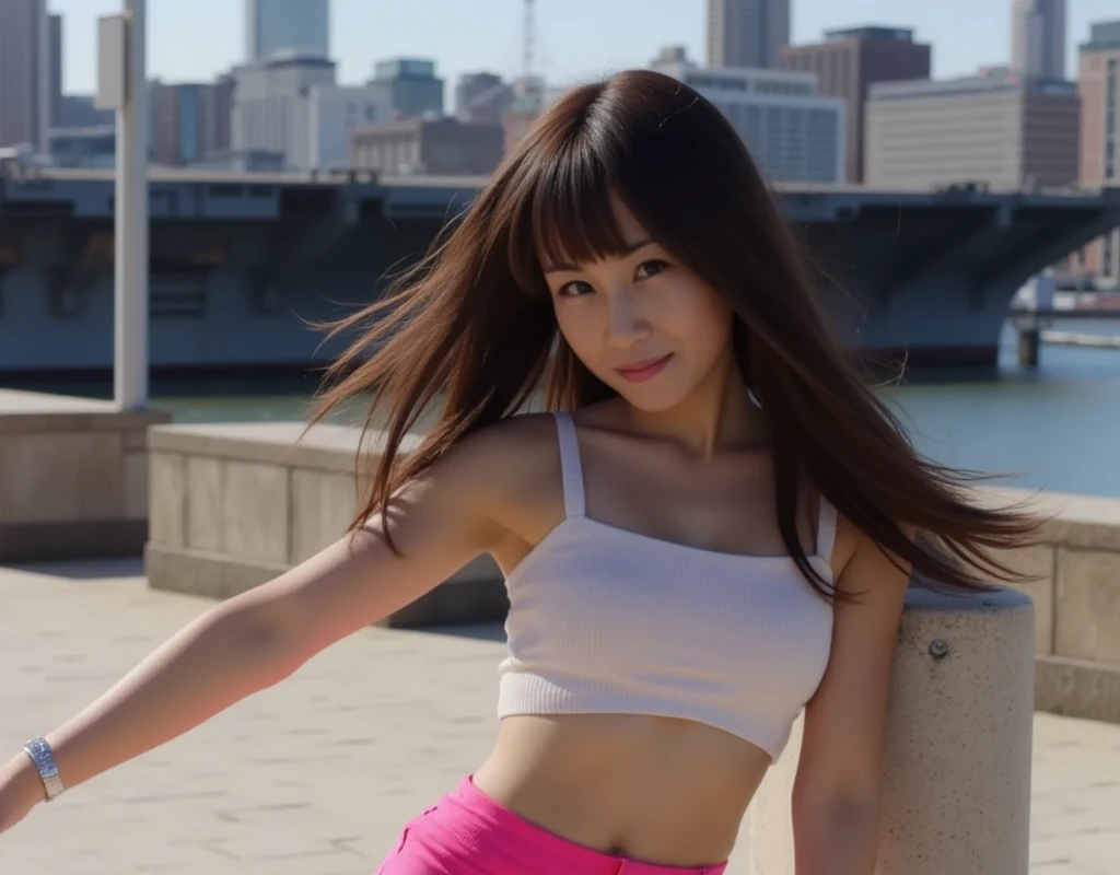 a healthy and sporty Japanese girl, athletic slender body, long brown hair tied in a high ponytail, anime style, vibrant colors, action lines, detailed, trending on Twitter