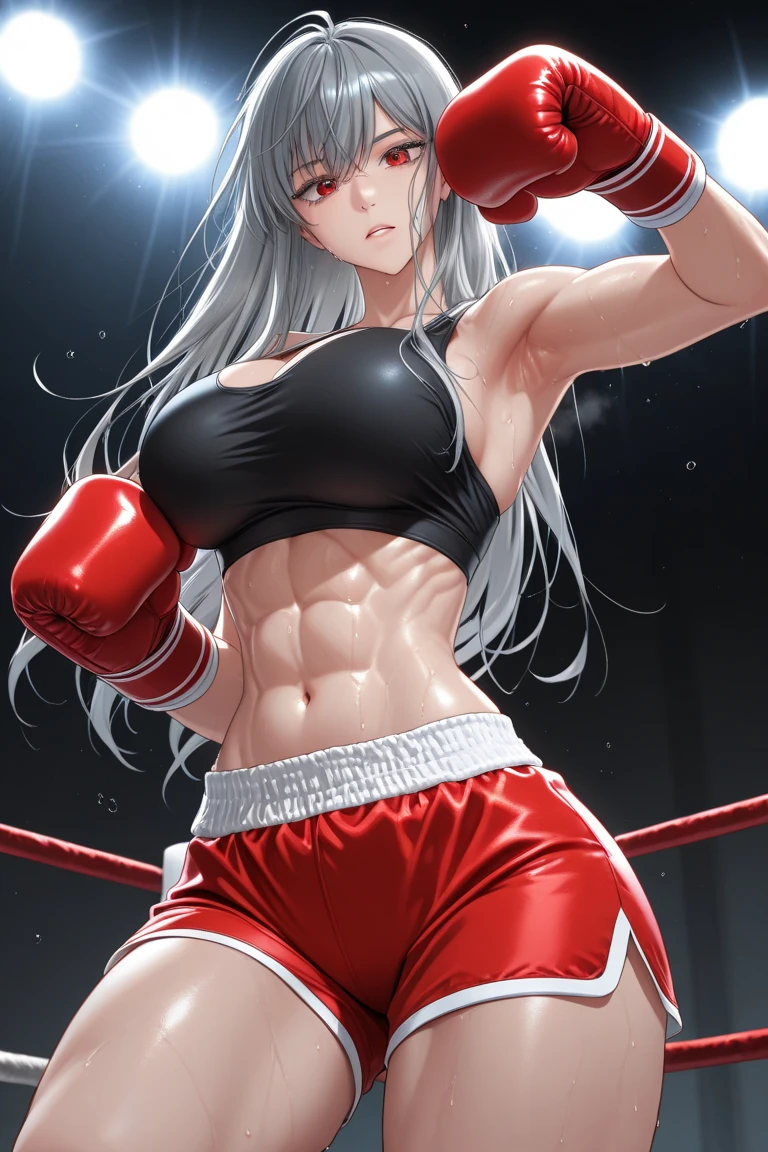 high quality,Mature beauty,White straight hair,Red Eyes,shy,blush,Wear sports bras,Black stockings，High heel,Wearing boxing gloves,Cleavage,Large Breasts,Camel toe,Long legs,Thin waist,Vest line,Absolute Domain,Sexy pose