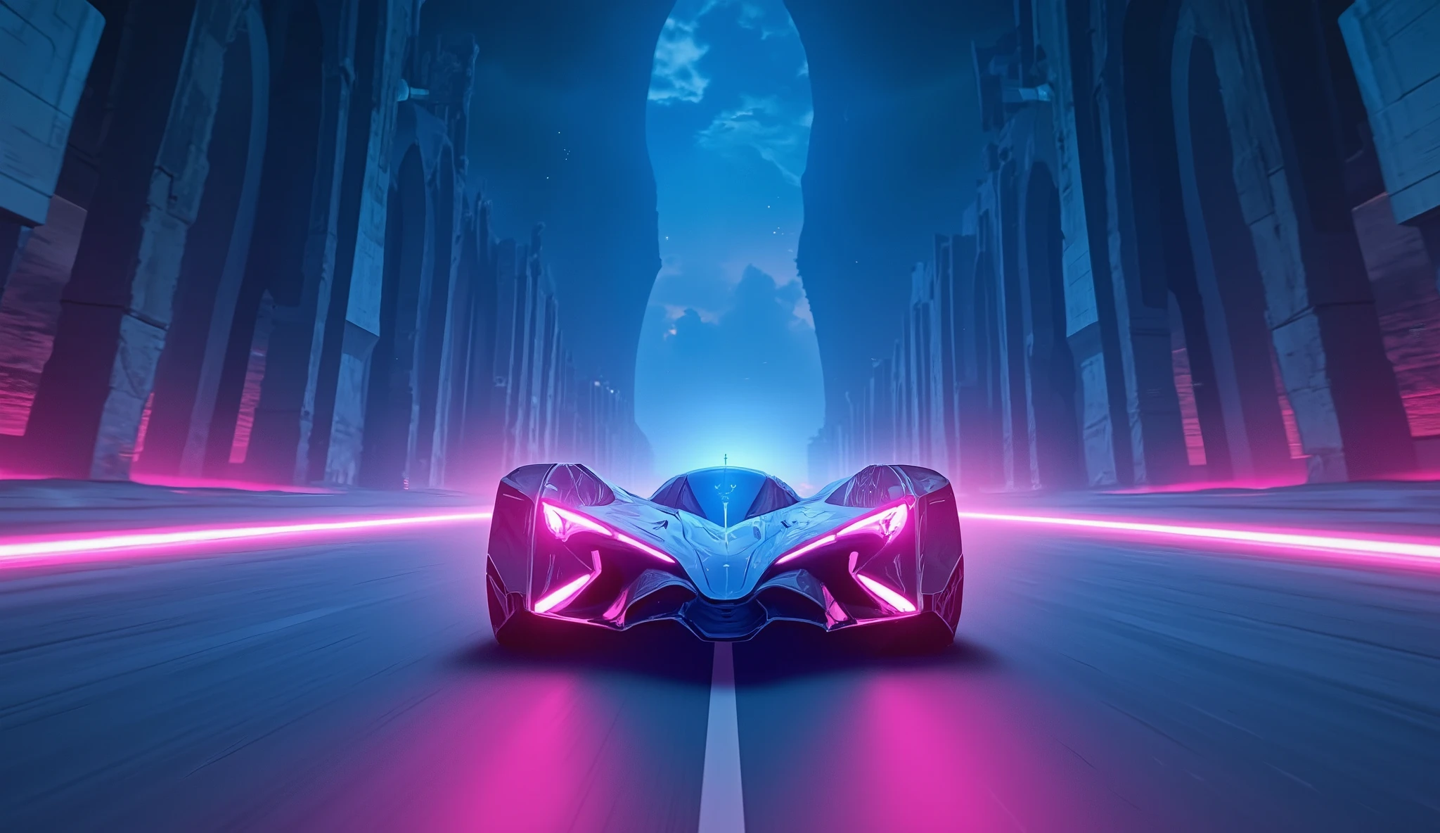 Car with light borders in the large avenue, gaming, minimalista, 4k, alta definición, hyperresolution, ultra detallado, rgb style, pixel style, ultra moderno, paleta azul cielo, amplio cielo oscuro