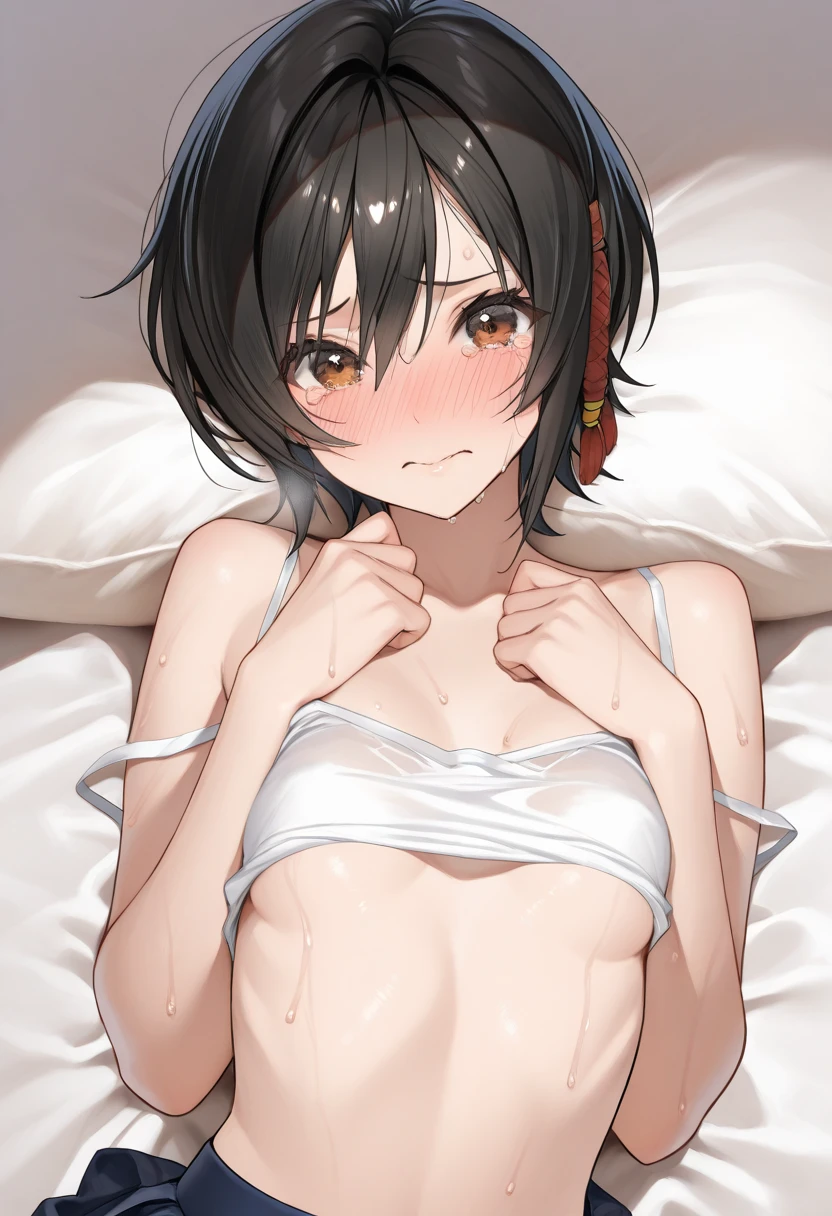 (((Masterpiece))), (((Best Quality))),Ultra High Resolution, Caustics, Detailed, (Beautiful Detailed Face and Eyes), solo, (athletics stadium, track and field athlete,outdoors),cowboy shot,20 year old beauty、((nsfw,BDSM,shibari:1.3,shibari over clothes,hemp rope),(separate,white sports bikini,show off belly)),small head,slender body, ideal ratio body proportions,thin lower body、oily skin, gleaming skin,sweat,medium breasts,brown eyes, (ponytail),medium hair,brown hair,crying,open mouth,steam,heavy breathing,legs,on back,spread legs:1.5, arms up,,((cum in vagina,creampie,excessive cum:1.3)),