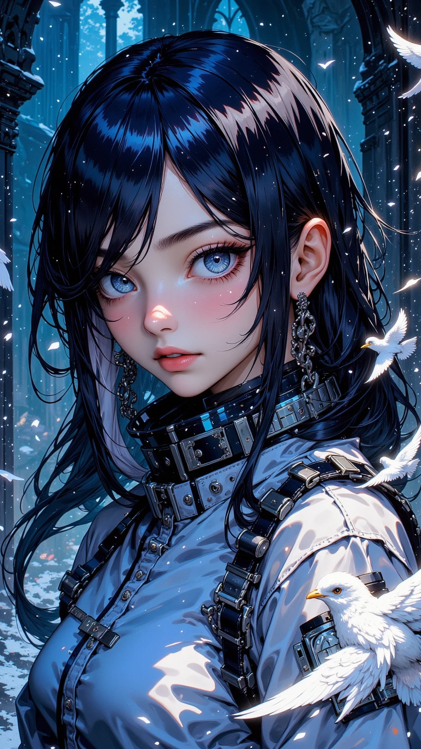  Exquisite and detailed ,{{masterpiece}},best quality,super detailed,Extremely Fine CG,【8k_wallpaper,watercolor (medium), Border Is Suitable  , Kamikoshen  ,Cinematic Lighting,A Very Delicate Beautiful Girl,[Snow and night sky ],[ruins], Gothic architecture ,  Black Blue Long Hair  ,[white hair streaks ], an eyepatch on one eye ,[ Exquisite and detailed  wathet blue left eye],[star-shaped pupil], dark skin ,[wheat_color],Evening dress, Blue Collar Worker ,Elbow _Gloves,Smile, White Bird Upside  ，（   clearly visible lines  ），（Sunburned skin  ）、（ oily skin ）、（steam）， panoramic，full body photo，