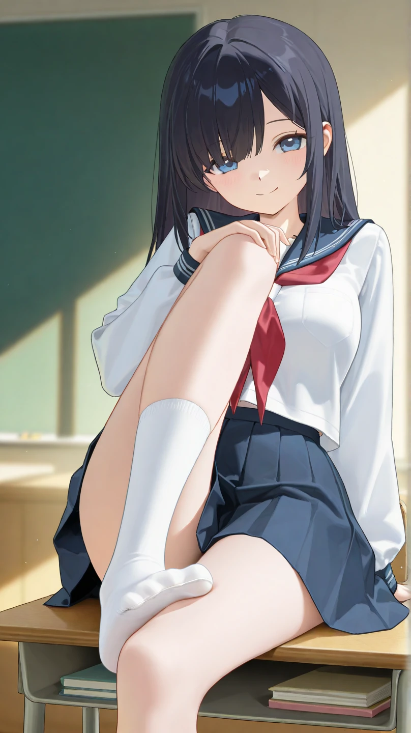 (Extremely detailed CG、8K wallpapers)、(very delicate and beautiful)、(masterpiece)、(top quality:1.0)、(Super high resolution:1.0)、beautiful lighting、perfect lightning、realistic shadows、[highest resolution]、detailed skin、very detailed、Detailed face and eyes、realistic eyes、sharp eyes、giant 、cowboy shot, inside the classroom、school、Evening sunset、beautiful face、blurry background、A beautiful 16 year old girl、glowing skin、Side up、beautiful black hair、blunt bangs、red eyes、(Katyusha:1.2)、sailor suit、Pleated mini skirt、curve、sit at the desk、(spread legs、You see the light panties?.:1.2)、soft smile、