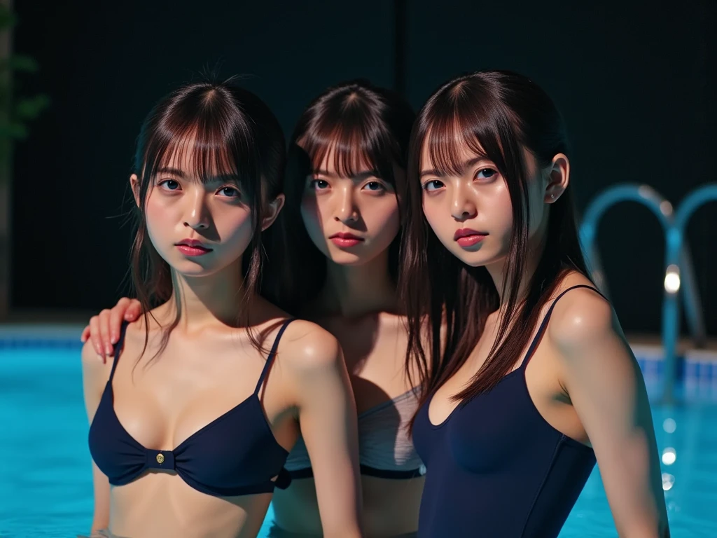 one girl、(highest quality),(highly detailed face)、(very well-groomed face)、((Poolside))、32ｋ、16ｋ、(Upper body)、(clear)、(slender body)、Swimsuit、(model body shape)、Preparing for exercise、(looking at camera)、(black hair、medium straight hair)、(8 heads and bodies)、(small face)、(Idol)、（Looks a little embarrassing）
