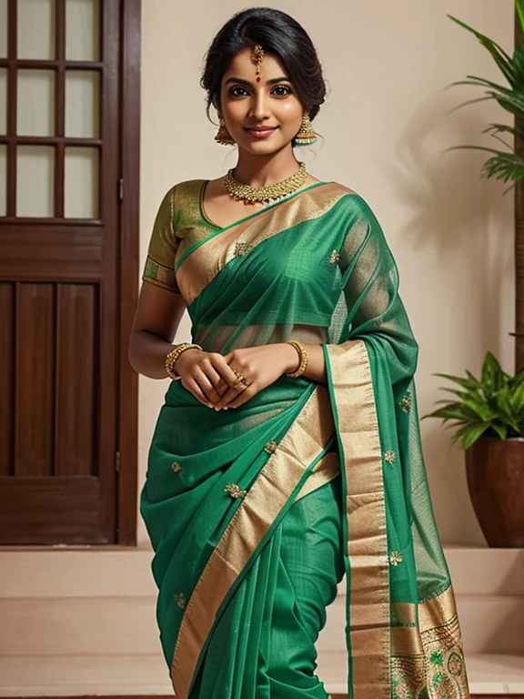 a woman wearing a saree and drinking coffee. big , sexy