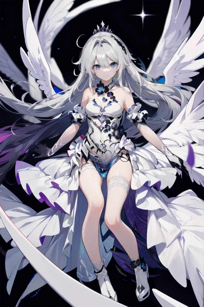 a robotic angel (Based on a lovely woman, sheer white airy gown, obvious mechanical sections and joints, neon high lights and indicator lights, angel wings with rainbow colored feathers) is posing on a futuristic stage, the phone number to order her is printed along the bottom f the screen (show her from head to toe, show her entire body, show all of her)
