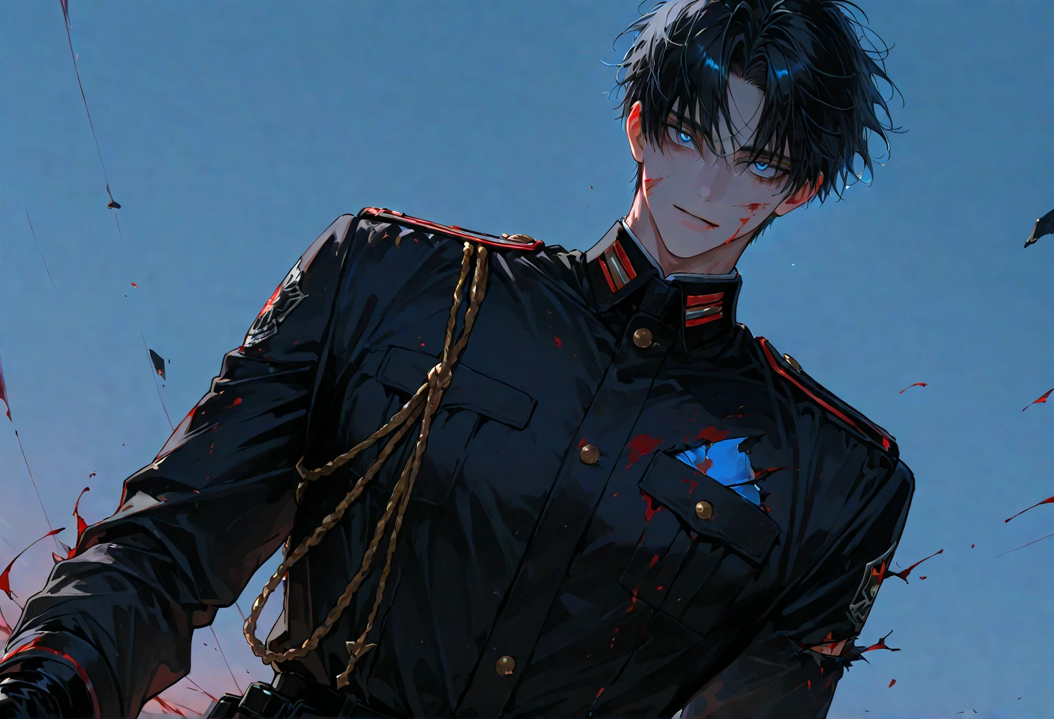 1 man , handsome , short hair , messy hair , messy black hair , 1 man , male-centered , handsome man , thick painted , sky blue eyes , looking at the front , absurdity ,  , mature , alone , blood , torn clothes , black half gloves , blood on clothes , blood on face , blood stain , black gloves , looking at viewers , black military uniform , dynamic angle , close , upper body cut
