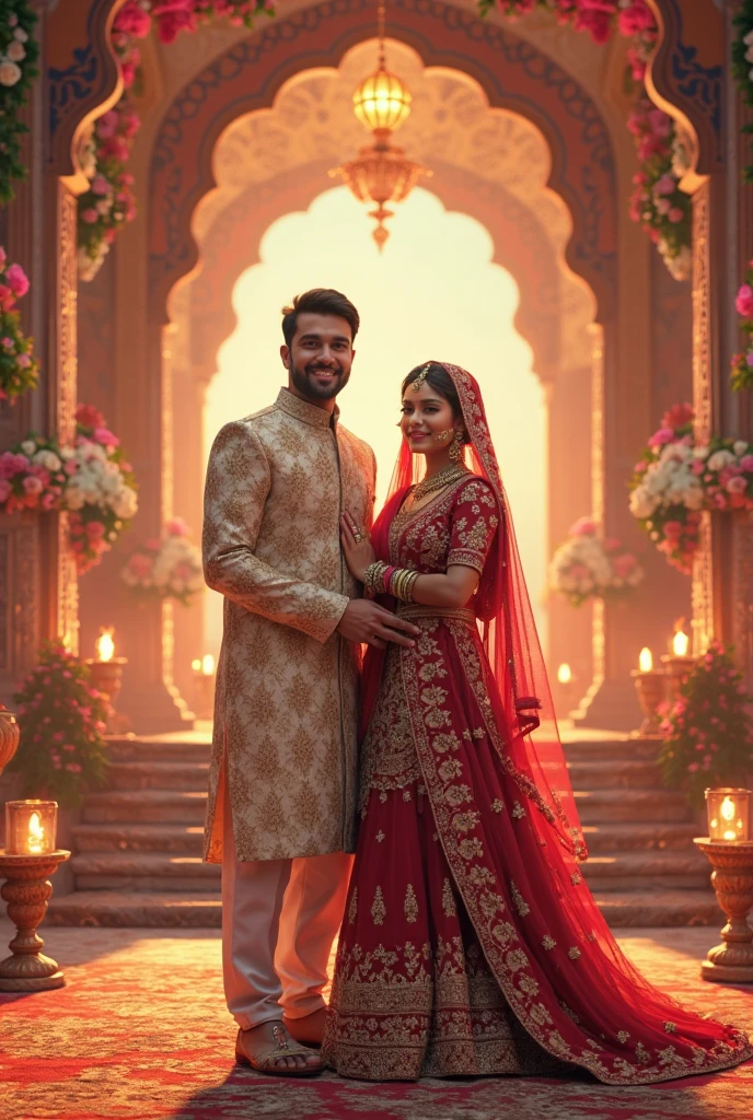 Ek Sundar Stri Khadi Ho Uske Golden Jewellers pink color ki Sadi hai uske sath mein Ek Raja Hai donon दूर-दूर per Khade hue hain donon Ek dusre ko dekh rahe hain quality 4K 8k midjourney Doll-e high quality image full honi chahiye Rani tatha Raja Ki